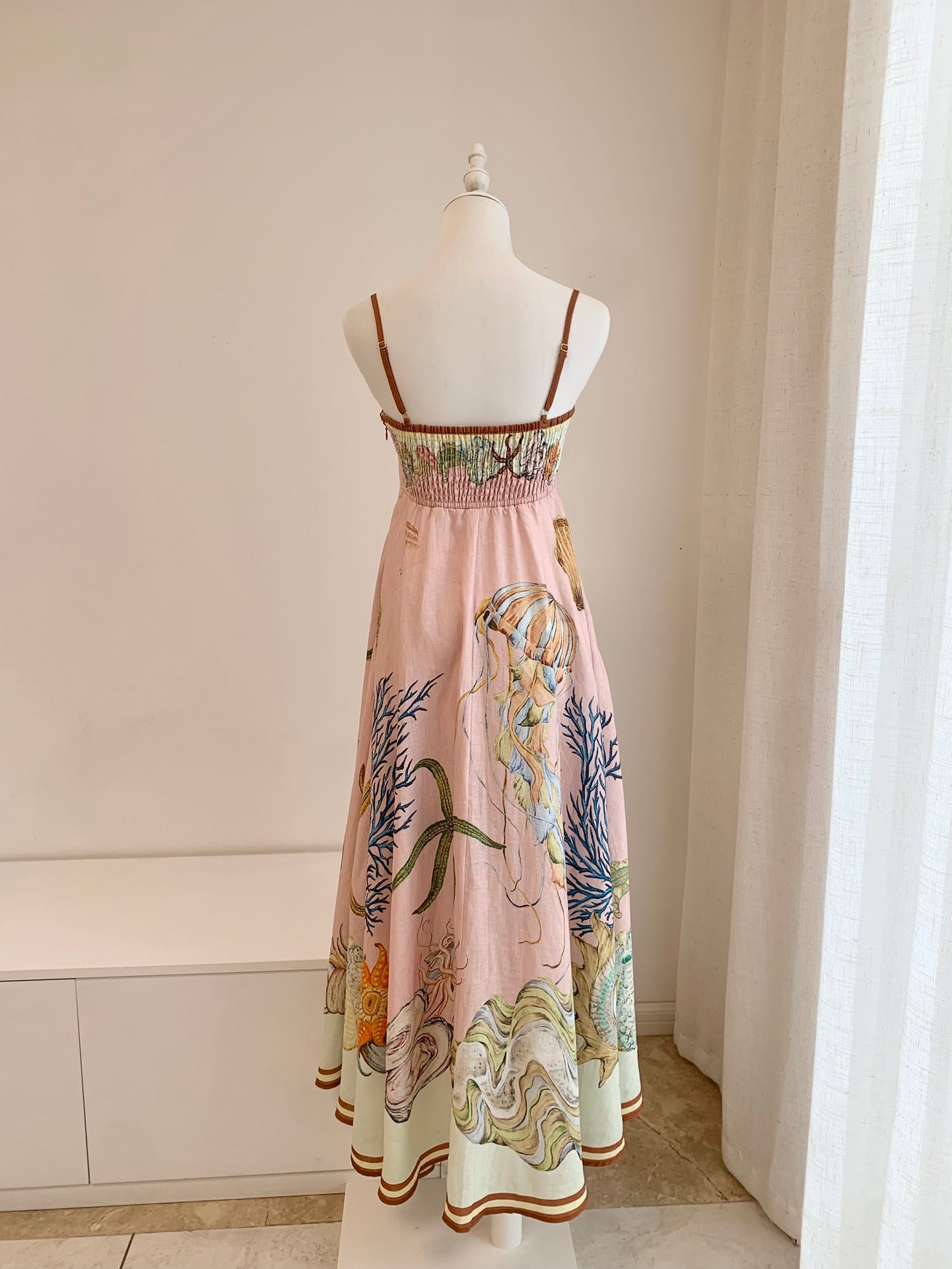 Alemais MIdi Dress Pink elasticated panelling adjustable spaghetti straps flared floral print 2508020AL