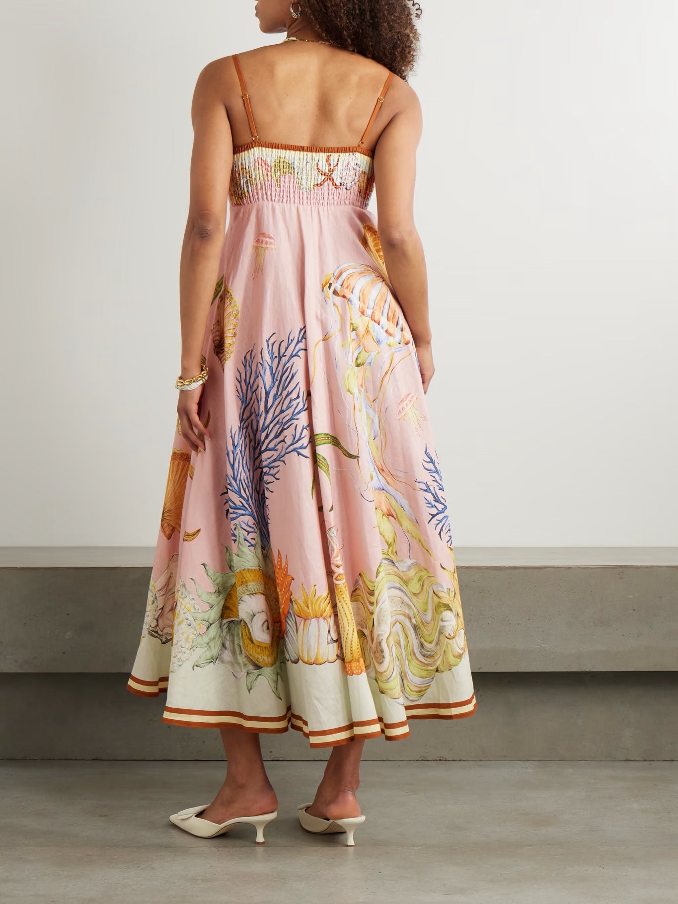 Alemais MIdi Dress Pink elasticated panelling adjustable spaghetti straps flared floral print 2508020AL