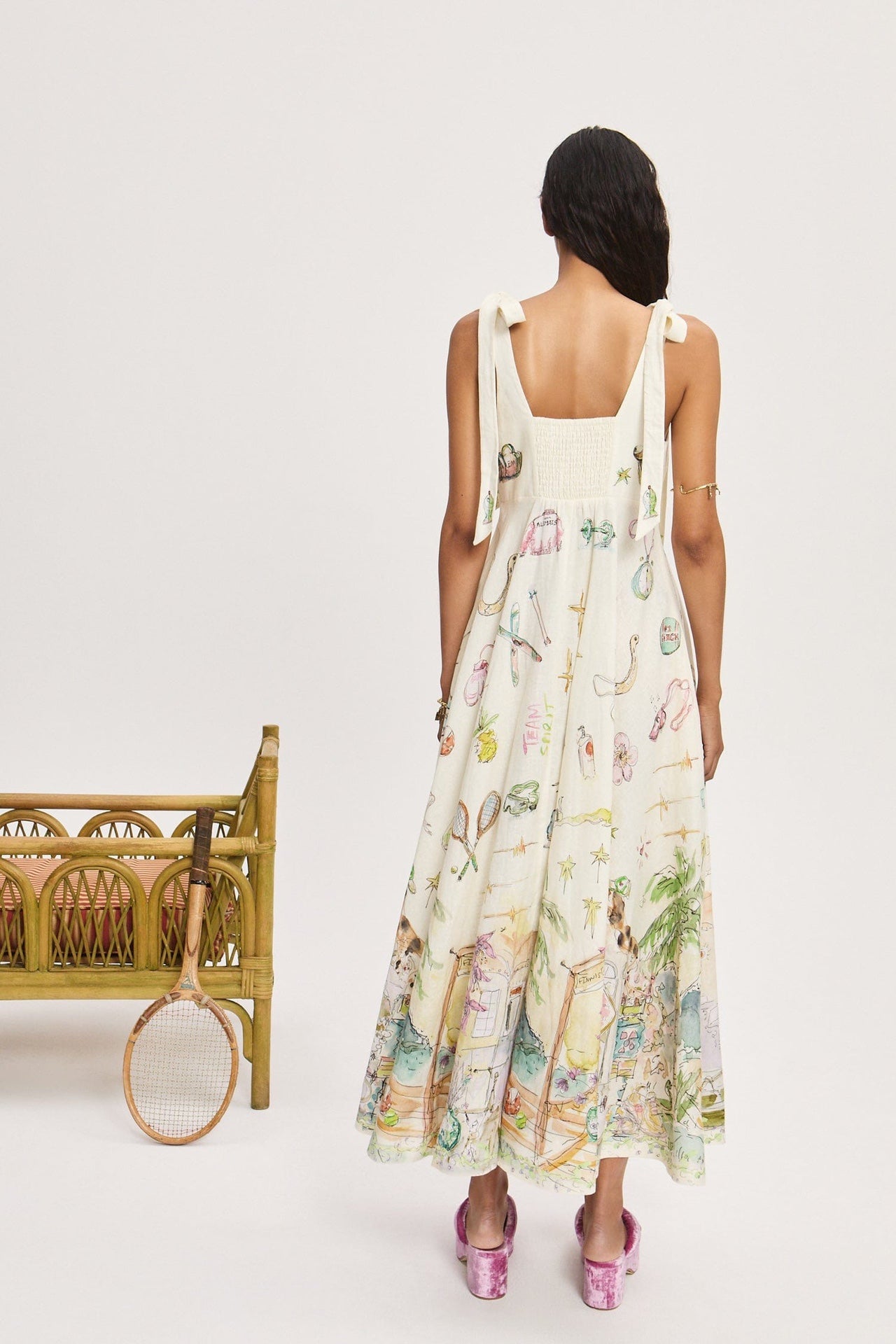 Alemais graphic-print midi dress ecru elasticated panelling adjustable shoulder strap U-neck 2507055AL