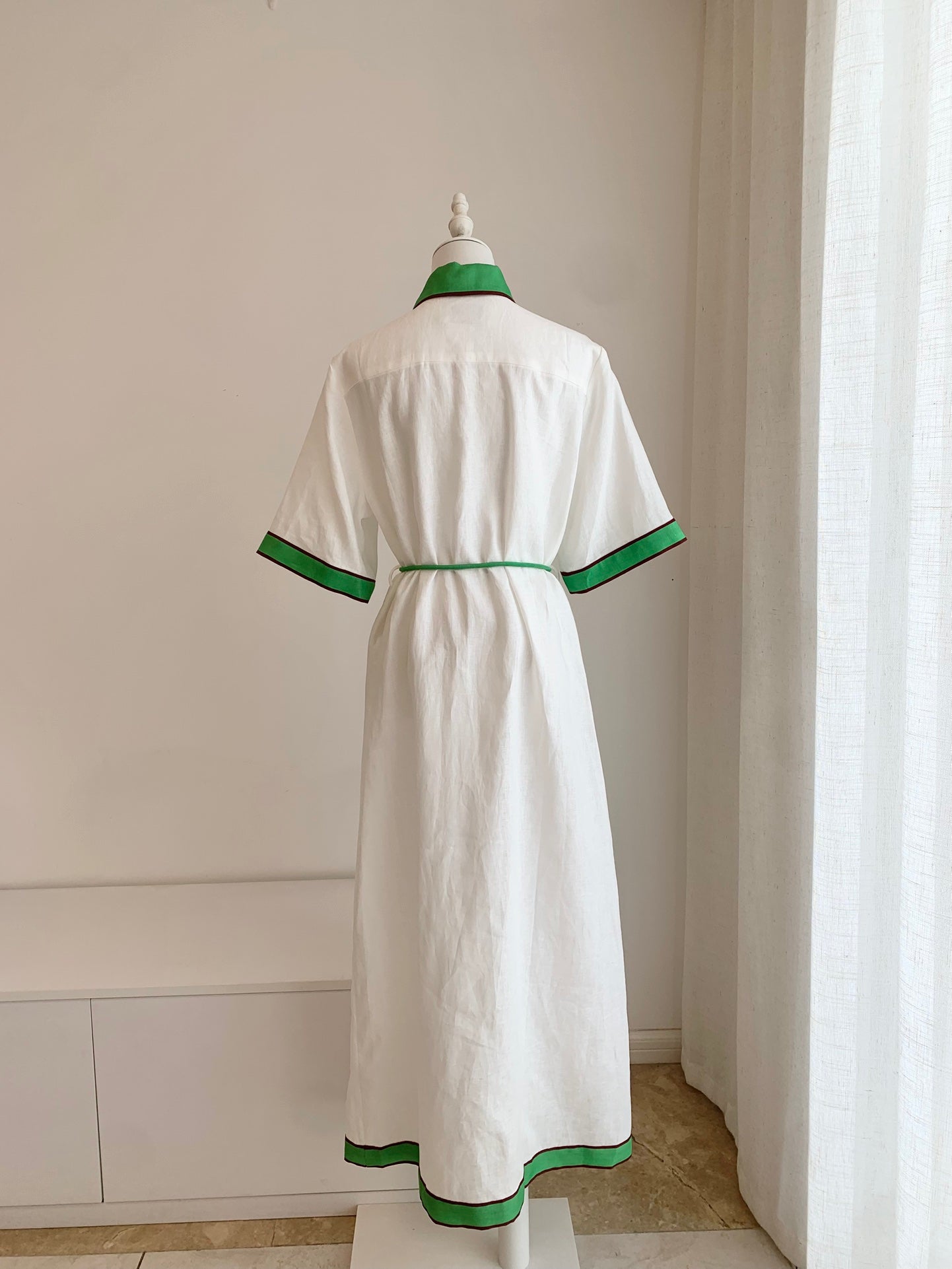Alemais Linen Dress white front button placket short sleeves patch pocket waist belt 2508008AL