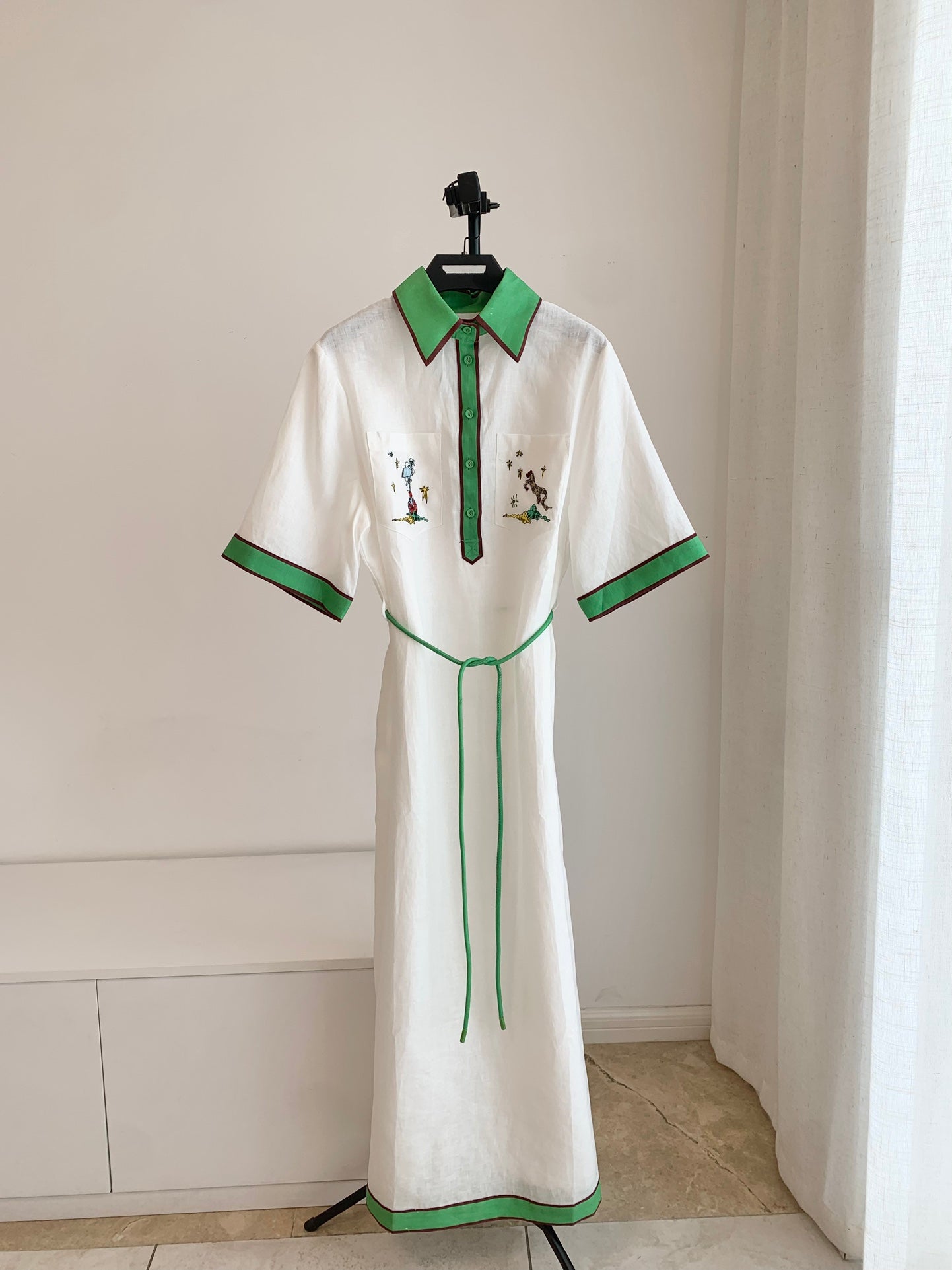Alemais Linen Dress white front button placket short sleeves patch pocket waist belt 2508008AL