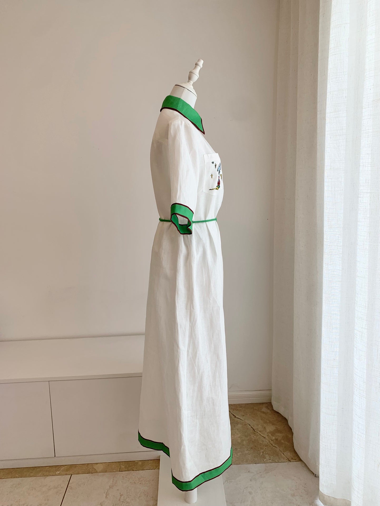 Alemais Linen Dress white front button placket short sleeves patch pocket waist belt 2508008AL