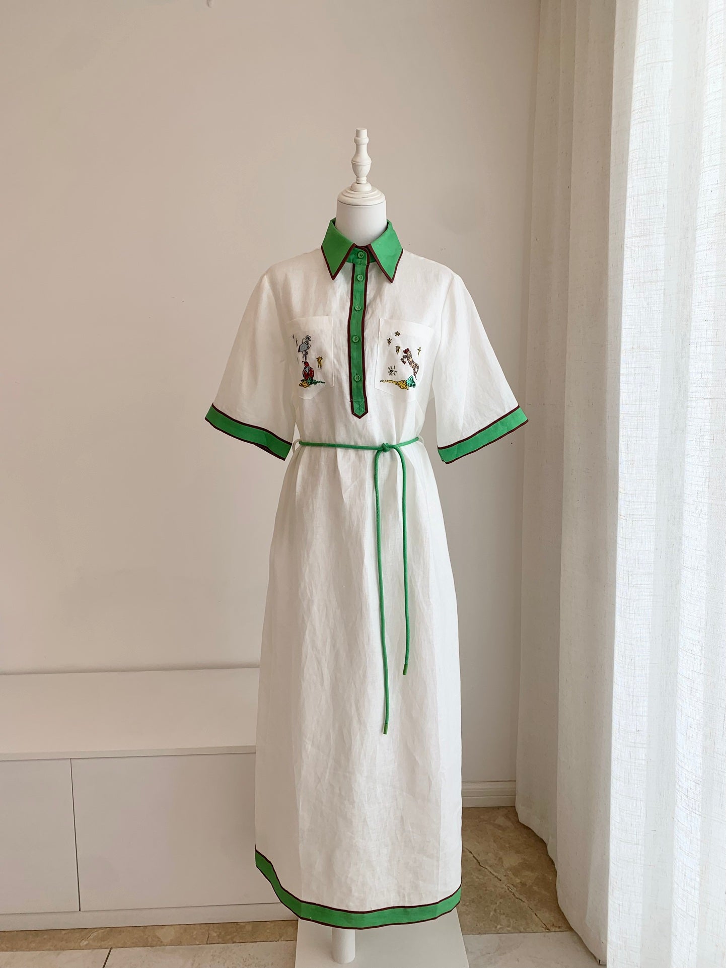 Alemais Linen Dress white front button placket short sleeves patch pocket waist belt 2508008AL