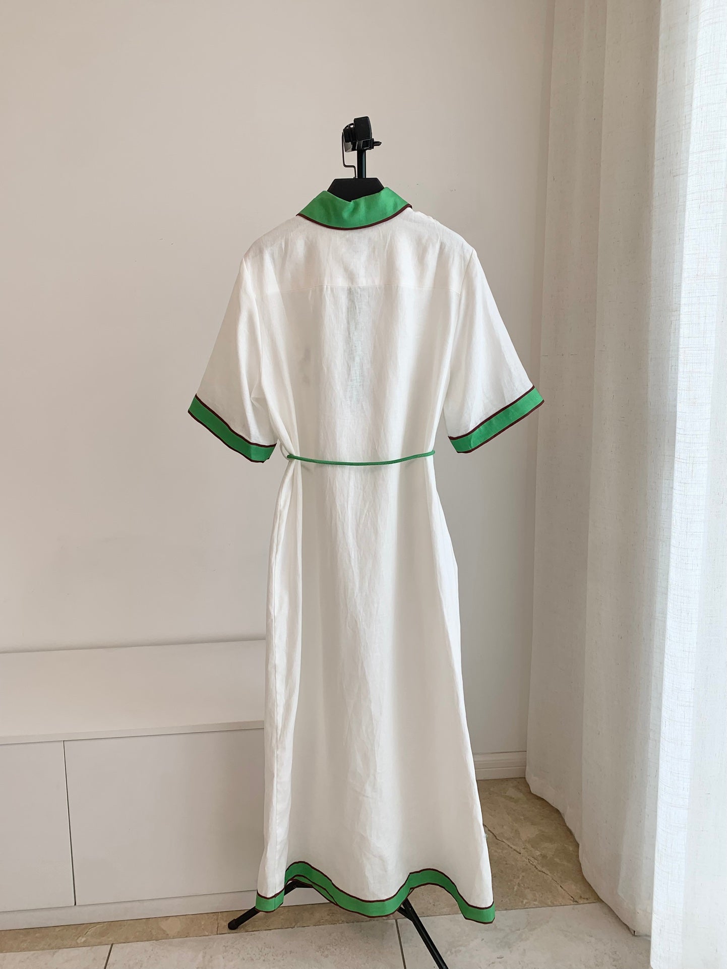 Alemais Linen Dress white front button placket short sleeves patch pocket waist belt 2508008AL