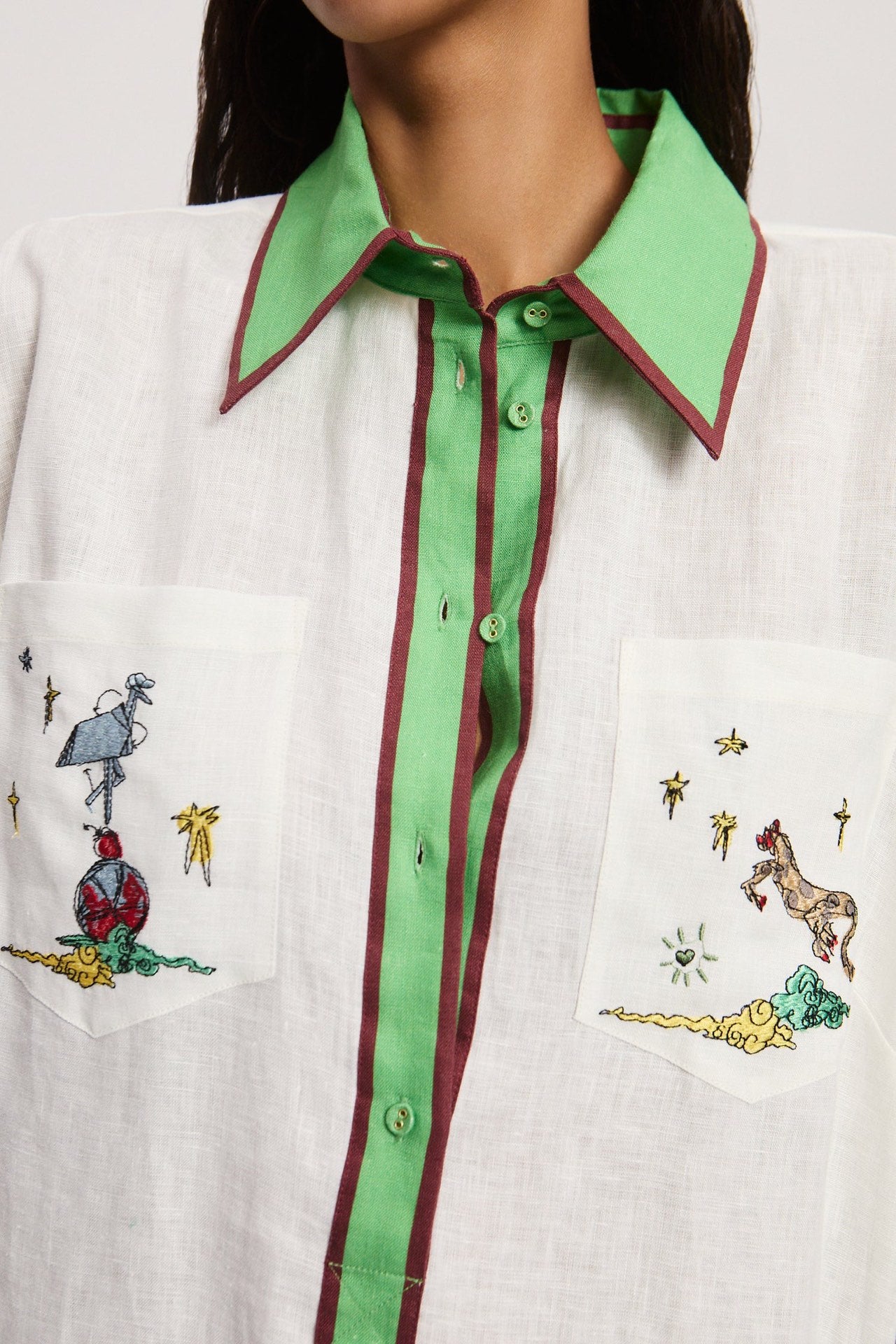 Alemais Linen Dress white front button placket short sleeves patch pocket waist belt 2508008AL