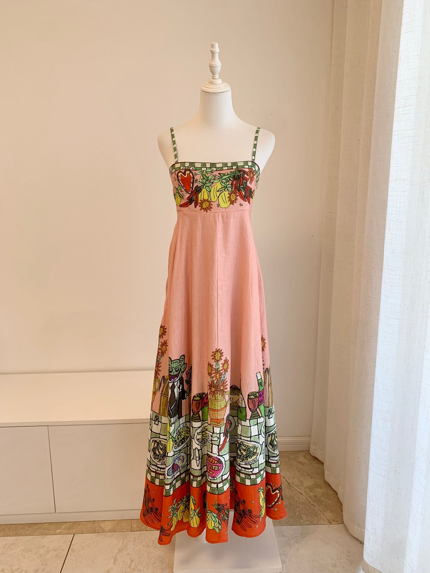 Alemais Midi Dress Stripe Pink Floral Print Rear-Zip Sleeveless Linen Slash-neck 2508049AL