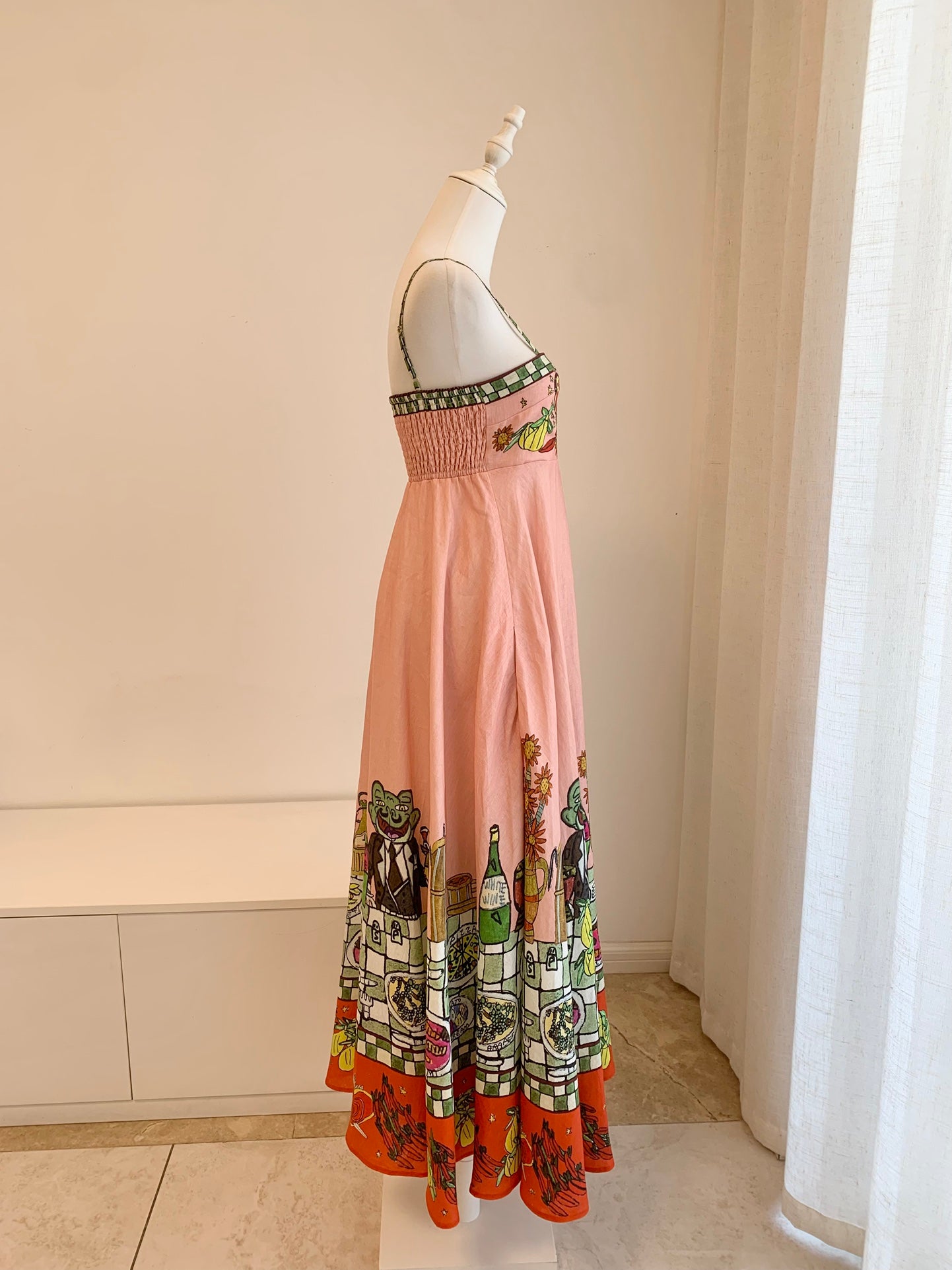 Alemais Midi Dress Stripe Pink Floral Print Rear-Zip Sleeveless Linen Slash-neck 2508049AL