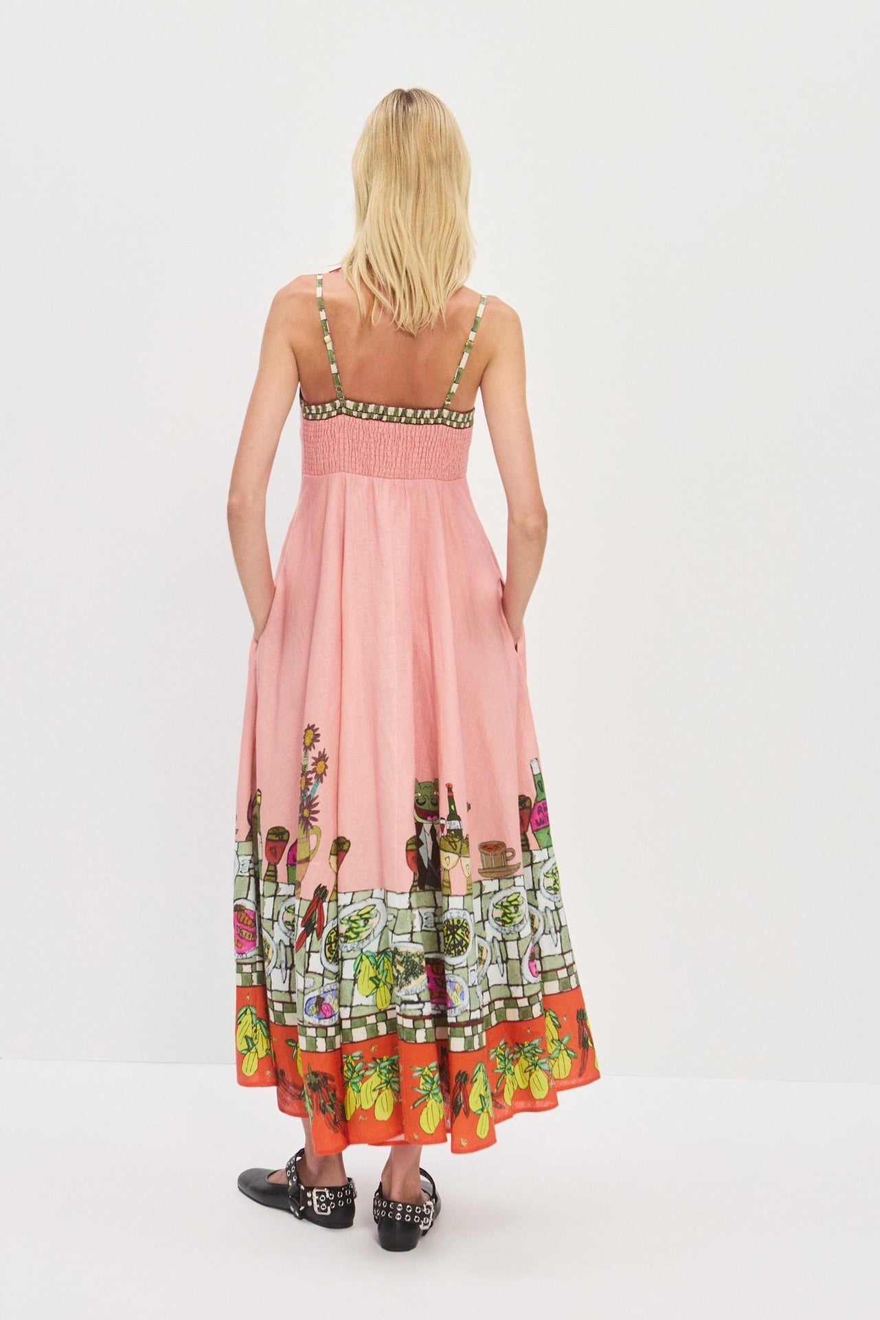 Alemais Midi Dress Stripe Pink Floral Print Rear-Zip Sleeveless Linen Slash-neck 2508049AL