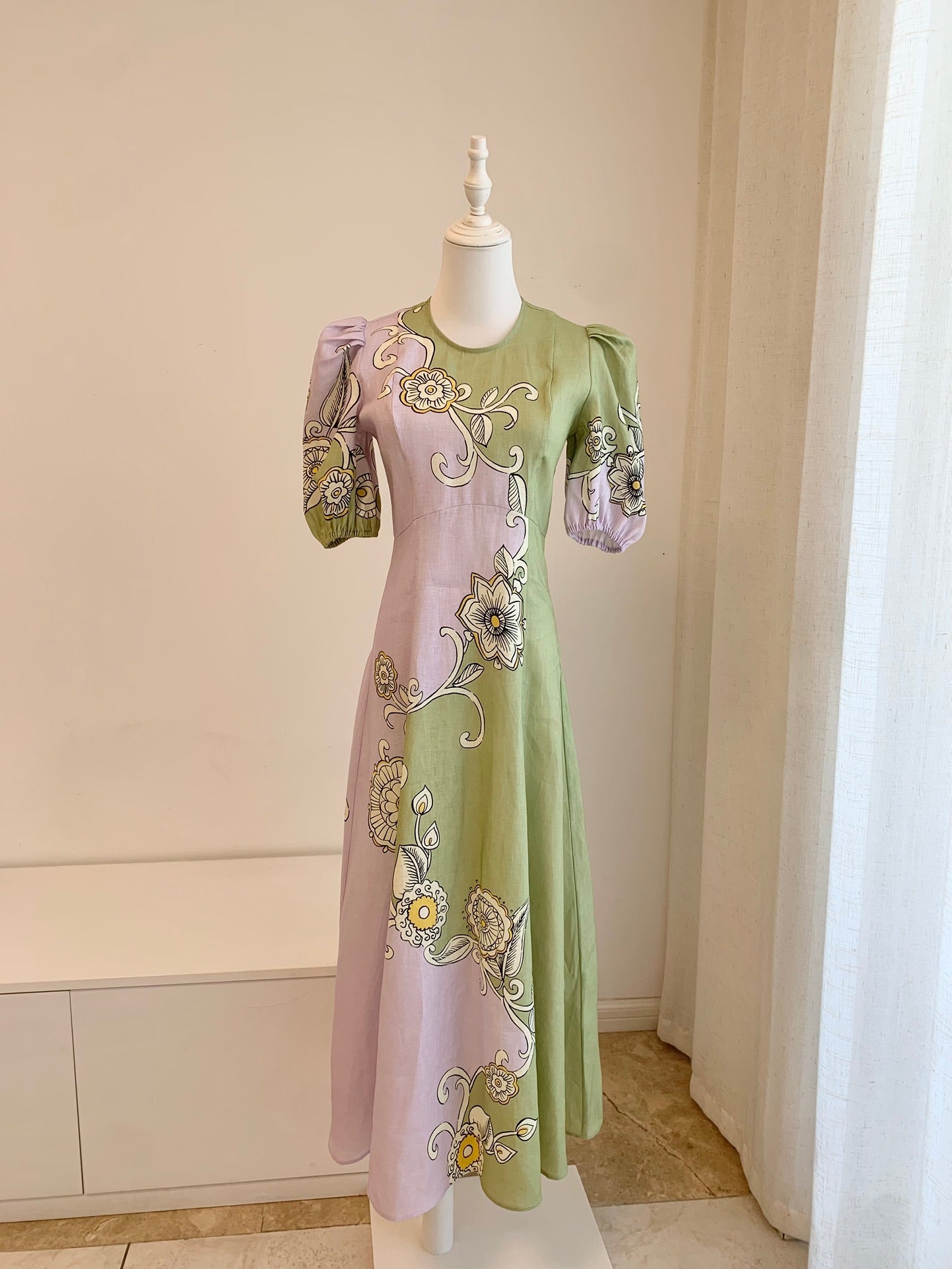 Alemais Midi Dress Green Short Puff Sleeve O-neck Linen Rear-zip Floral Print Slim 2508003AL