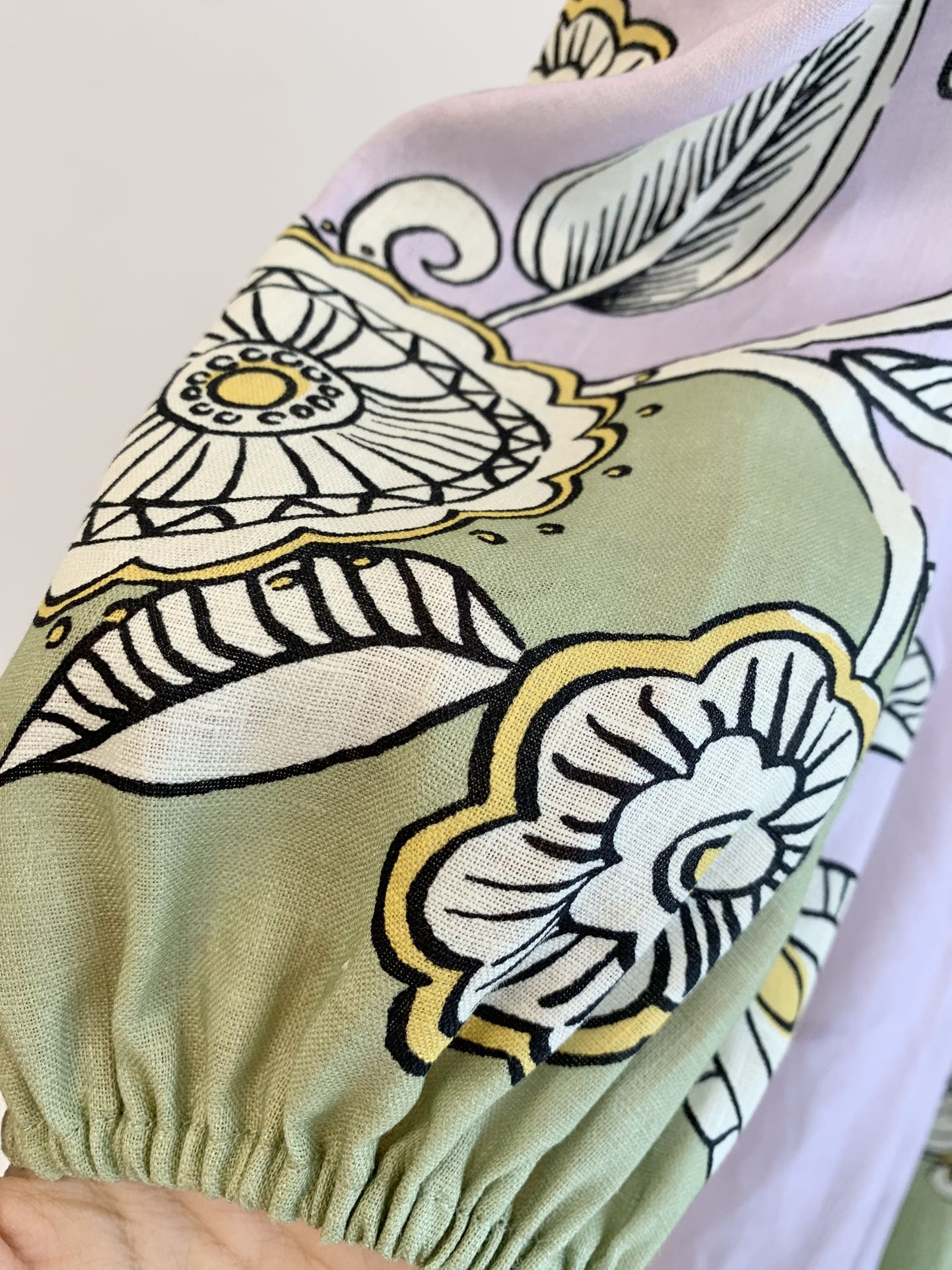 Alemais Midi Dress Green Short Puff Sleeve O-neck Linen Rear-zip Floral Print Slim 2508003AL