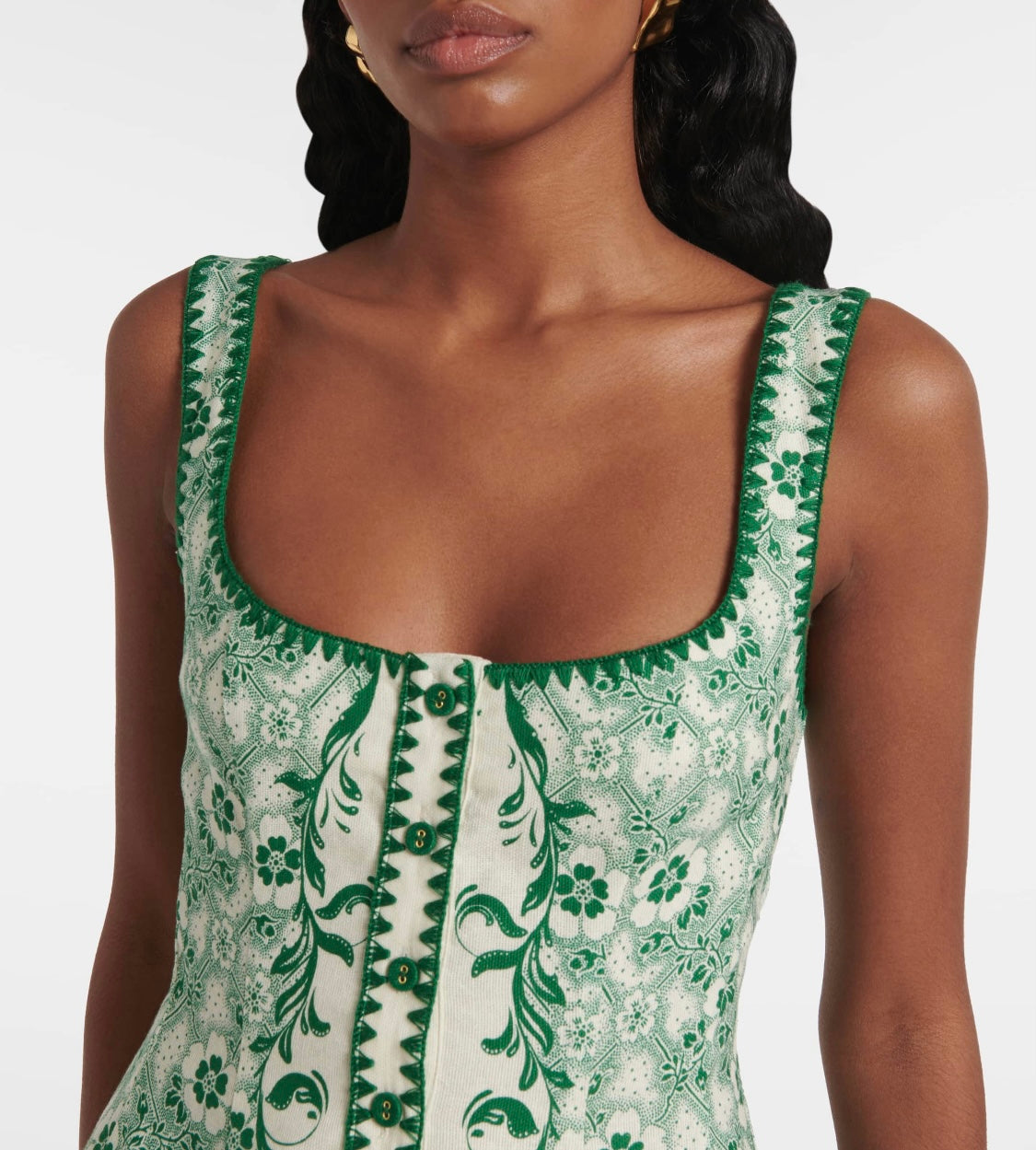 Alemais Mini Dress Grass Green Rear-zip Sleeveless Floral Print Front button cotton linen 2508060AL