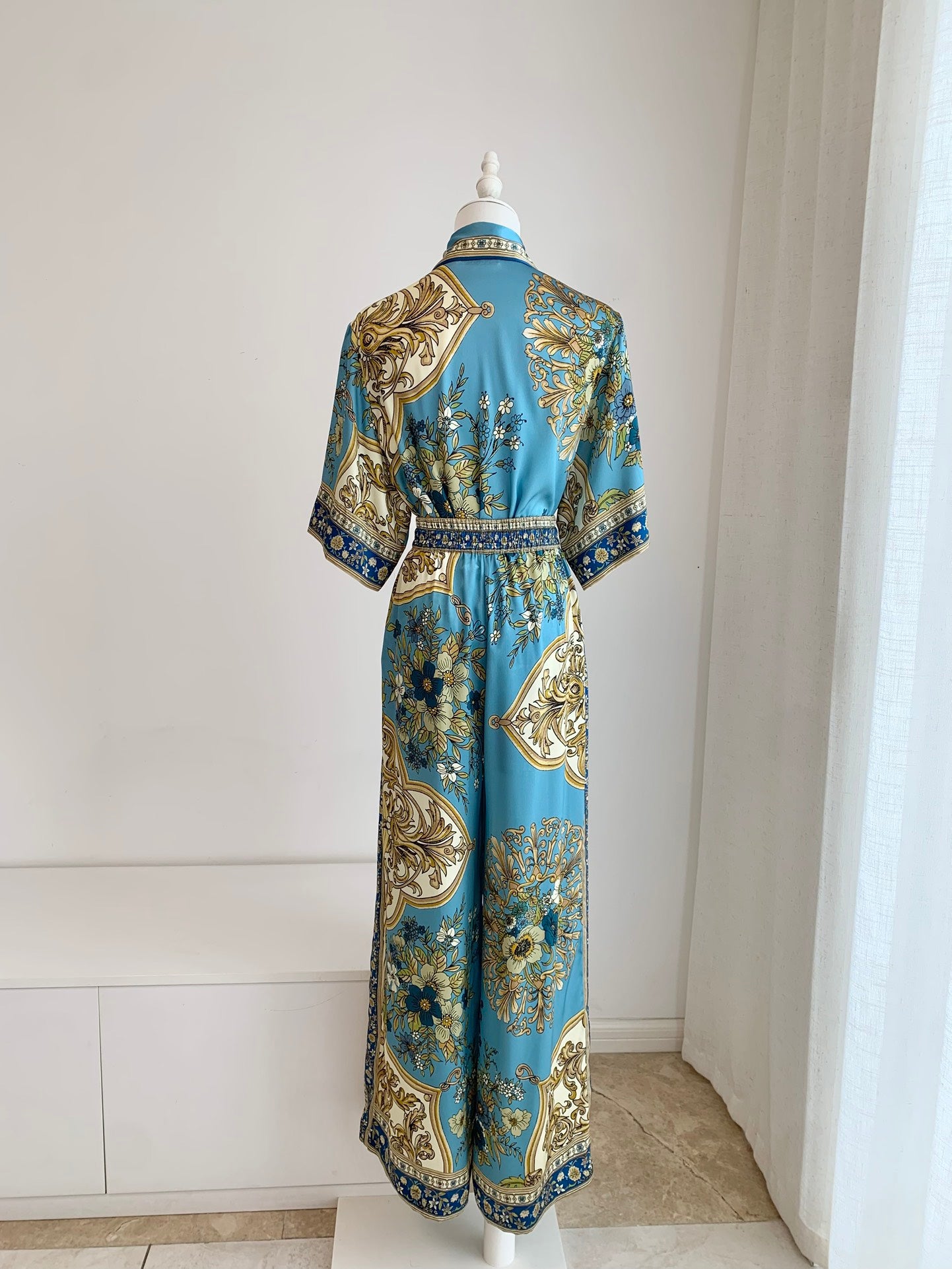 Alemais Cassie floral-baroque shirt trousers set light blue short sleeves button fastening drawstring waist 2508061AL