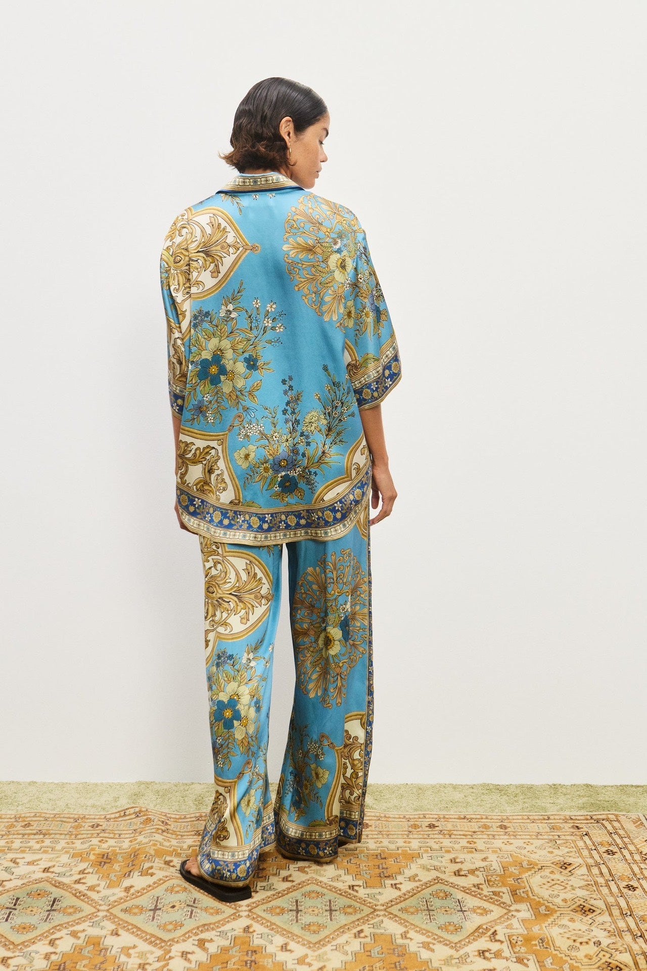 Alemais Cassie floral-baroque shirt trousers set light blue short sleeves button fastening drawstring waist 2508061AL
