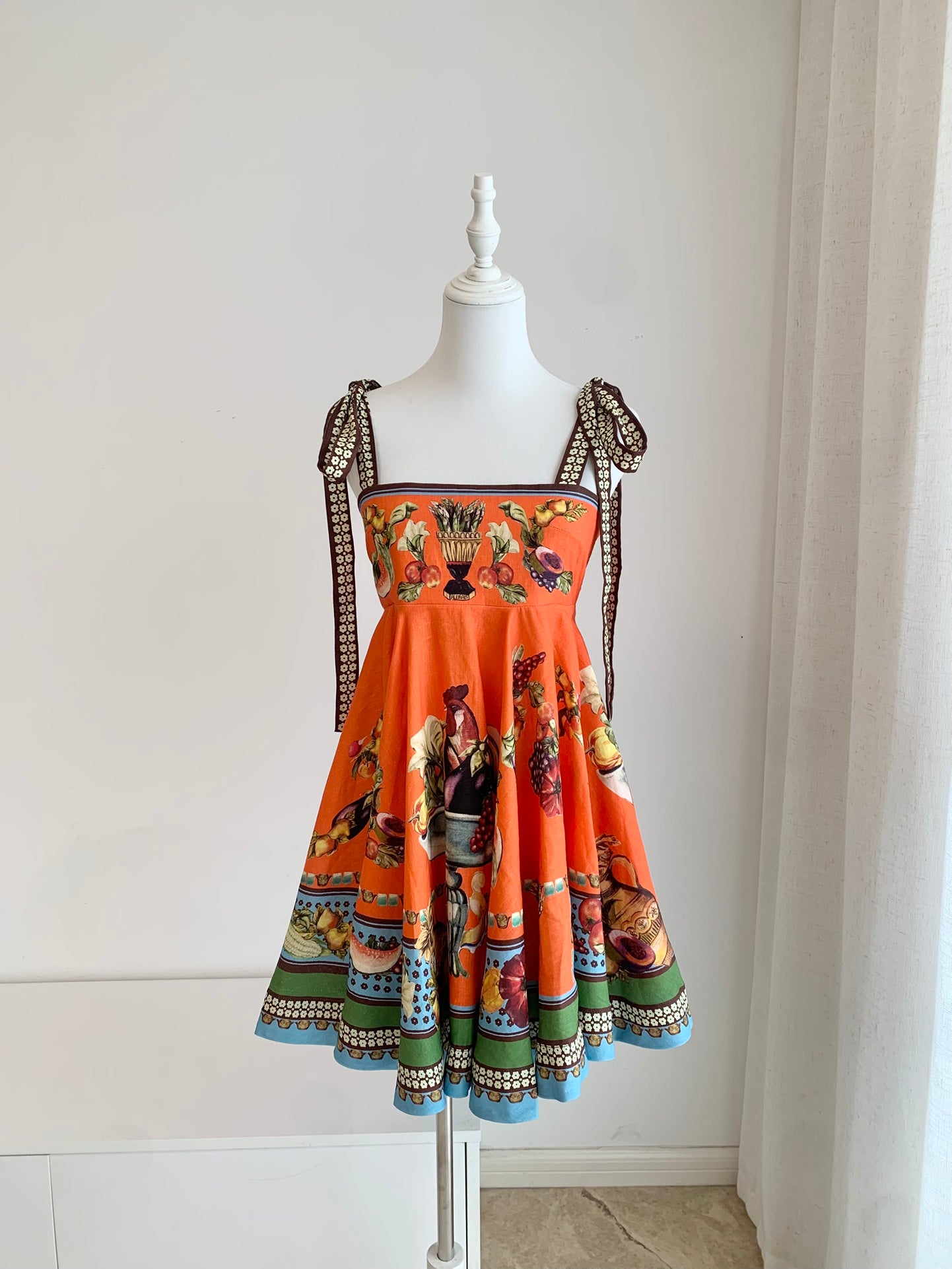 Alemais Cotton Mini Dress Orange Open Strape Slash-Neck Floral Print Side-Zip 2508051AL