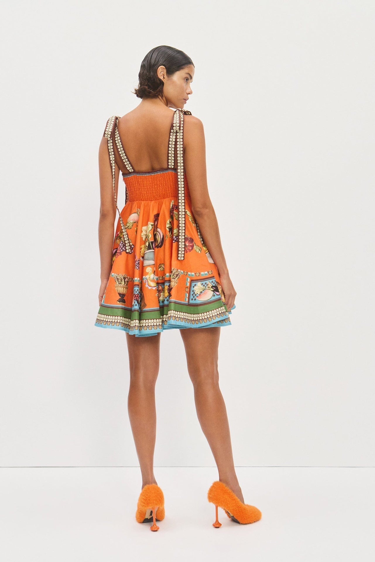 Alemais Cotton Mini Dress Orange Open Strape Slash-Neck Floral Print Side-Zip 2508051AL