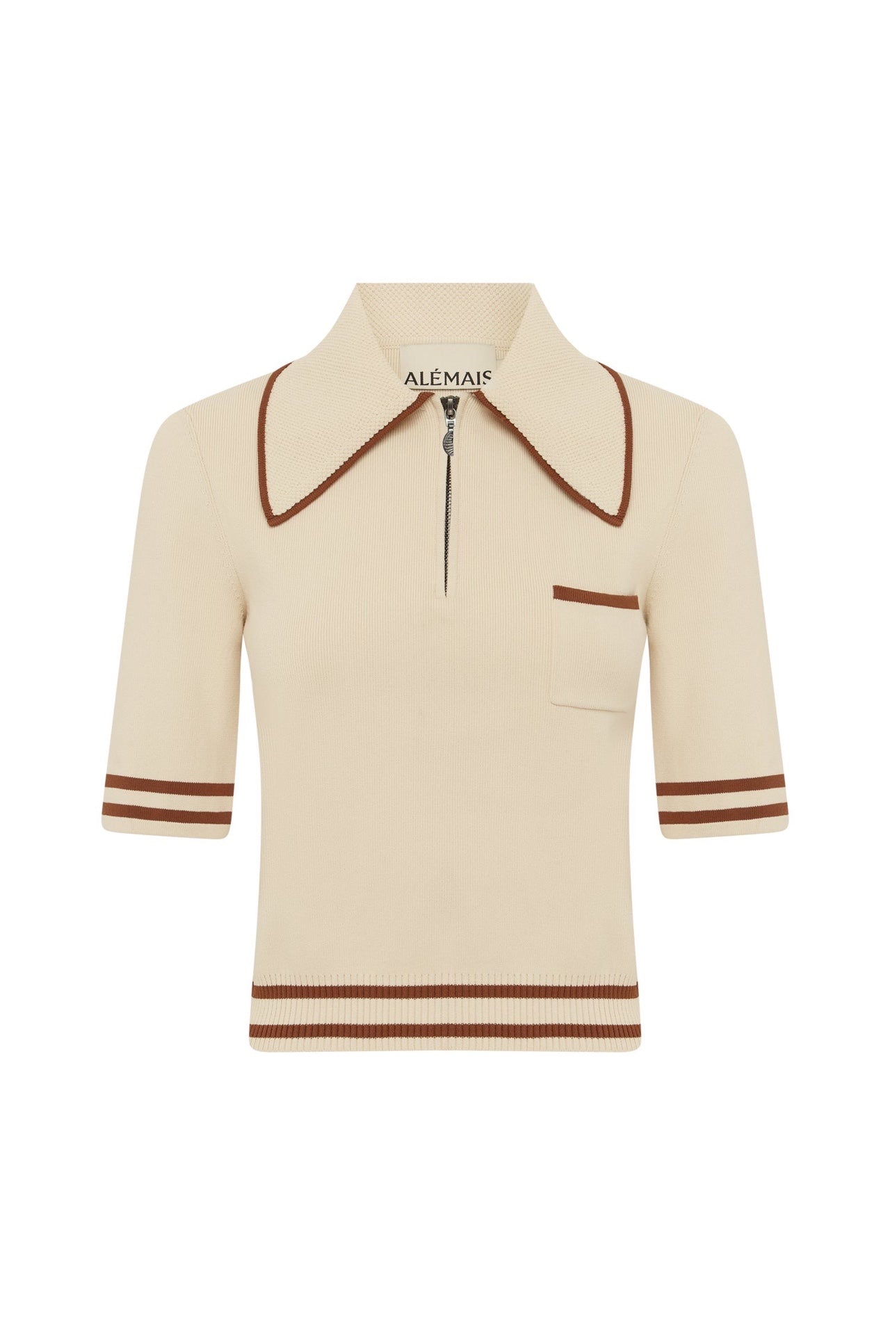 Alemais Knit Tops Polo Collar Beige Short Sleeve Patch Pad Viscose Blended Half Zip 2508093AL