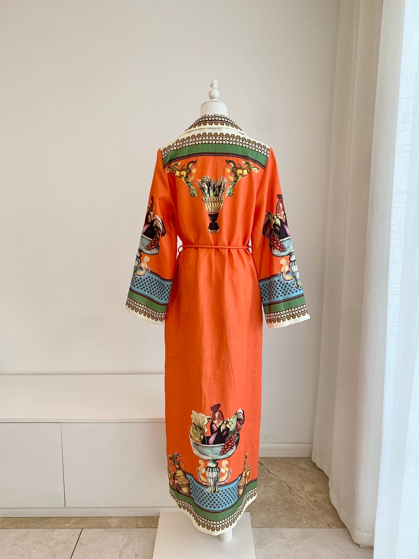 Alemais Midi Shirt Dress Orange Fruit Print Long Flair Sleeve Front Button Waist Belt 2508077AL