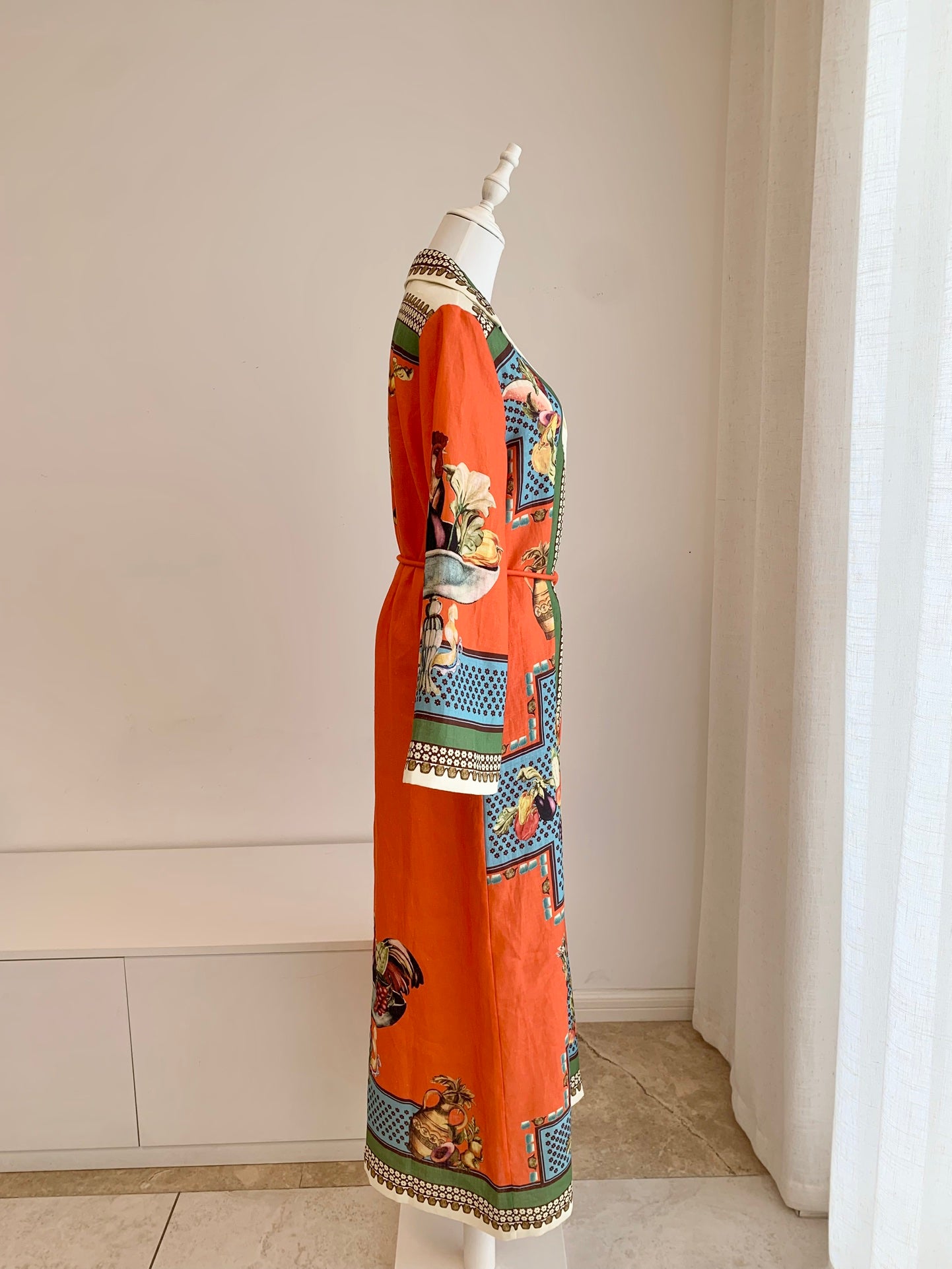 Alemais Midi Shirt Dress Orange Fruit Print Long Flair Sleeve Front Button Waist Belt 2508077AL