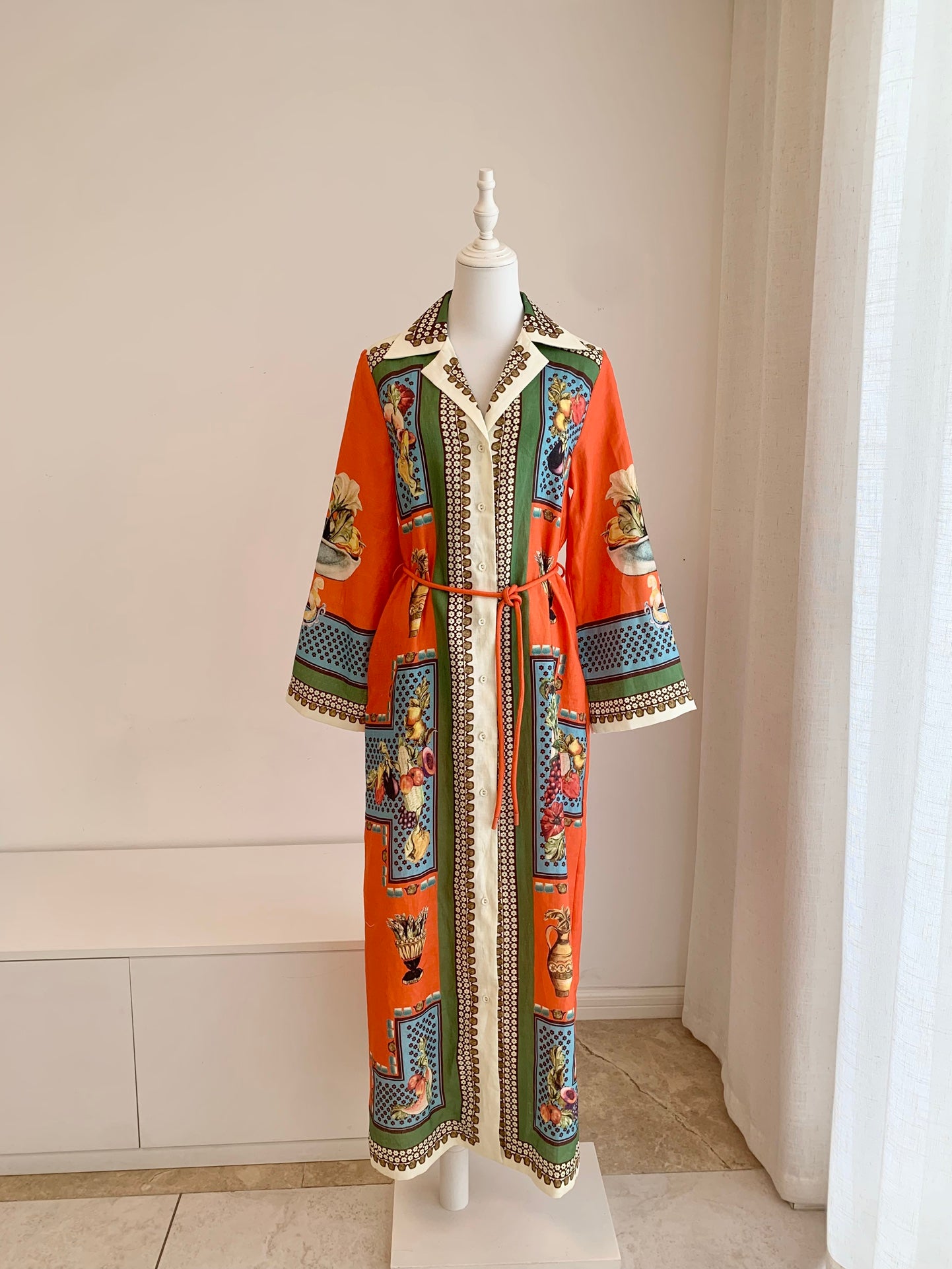 Alemais Midi Shirt Dress Orange Fruit Print Long Flair Sleeve Front Button Waist Belt 2508077AL