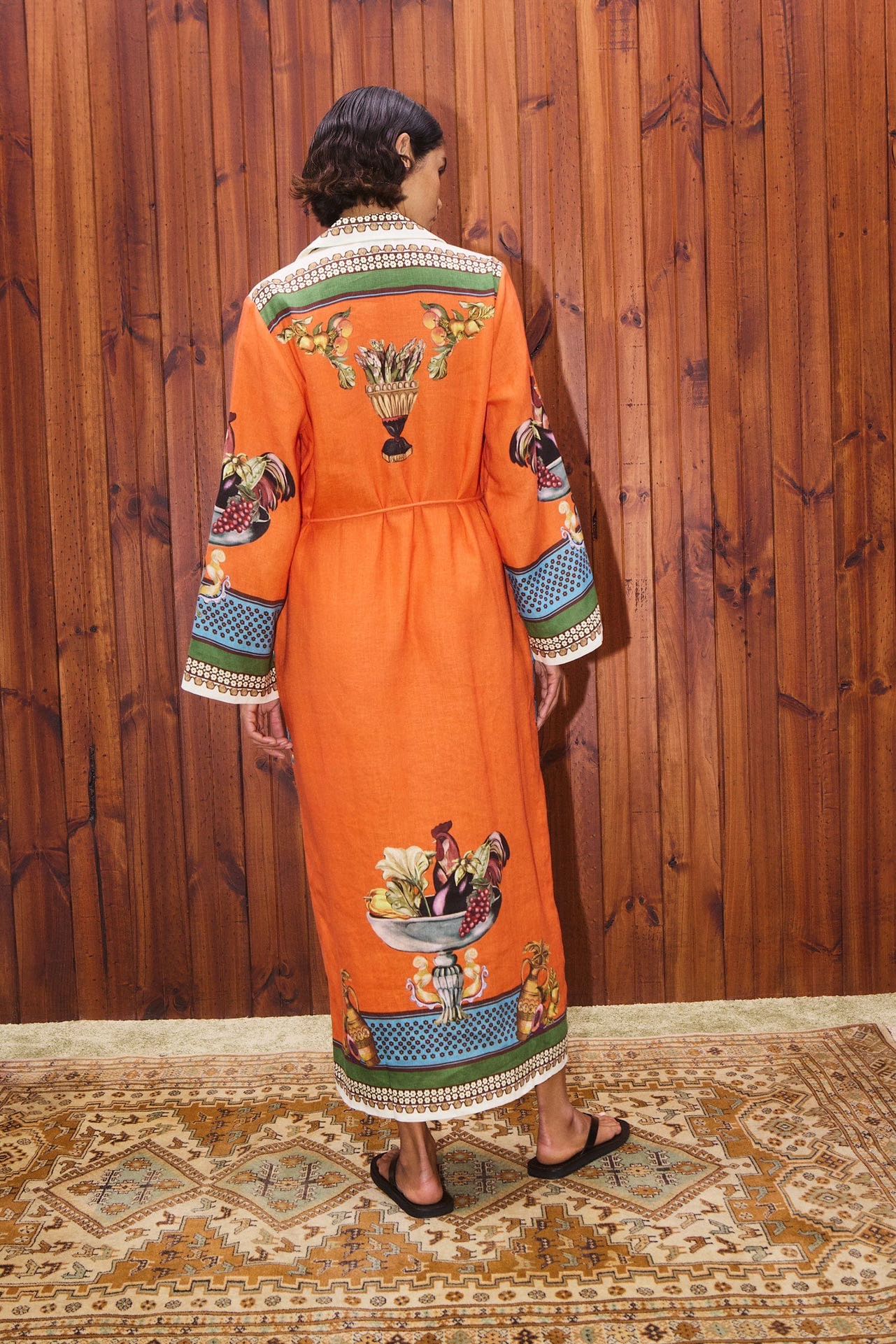 Alemais Midi Shirt Dress Orange Fruit Print Long Flair Sleeve Front Button Waist Belt 2508077AL