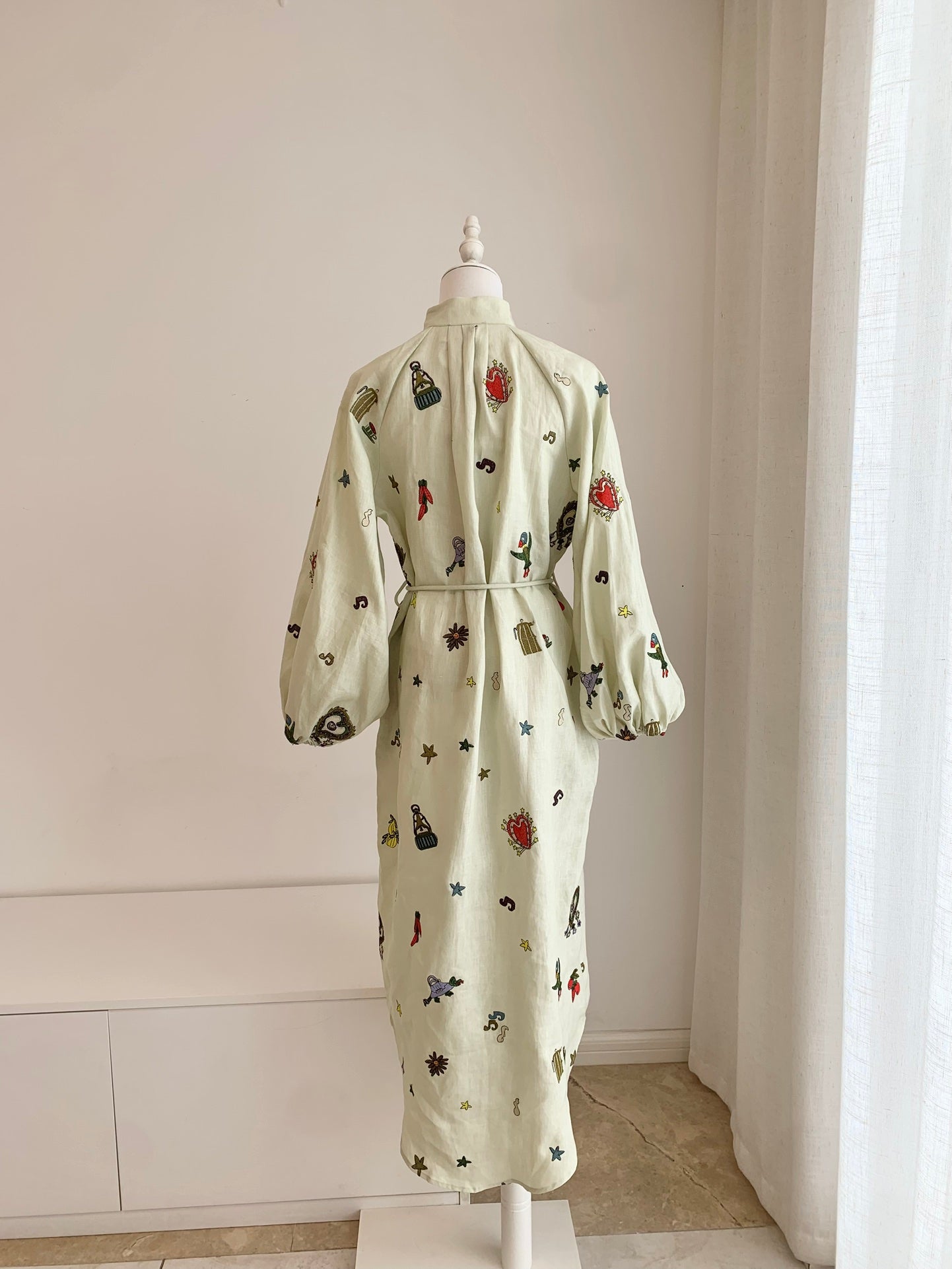 Alemais Midi Shirt Dress Light Green Embroidery Long Lantern Sleeve Front Button 2508076AL