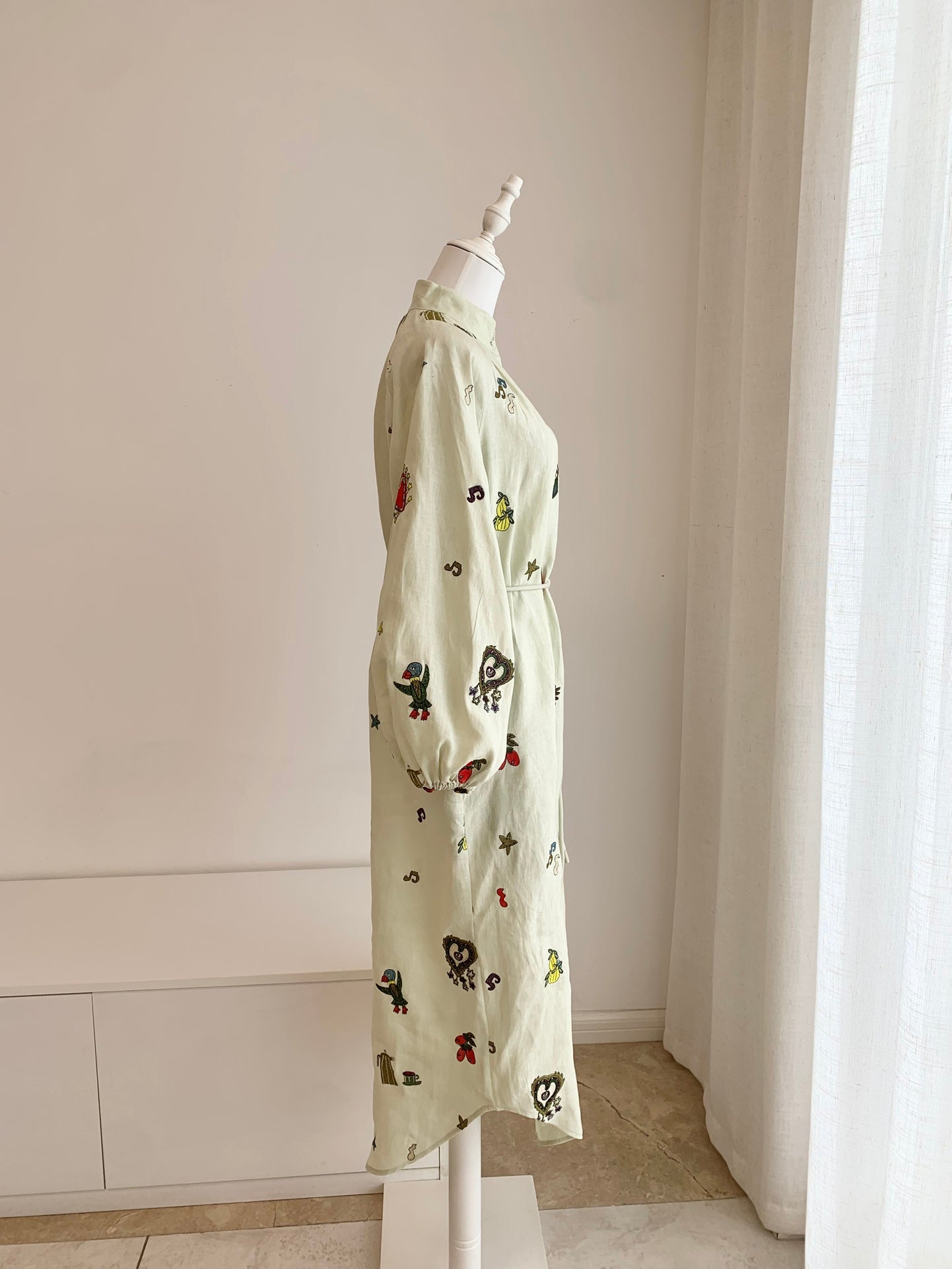 Alemais Midi Shirt Dress Light Green Embroidery Long Lantern Sleeve Front Button 2508076AL