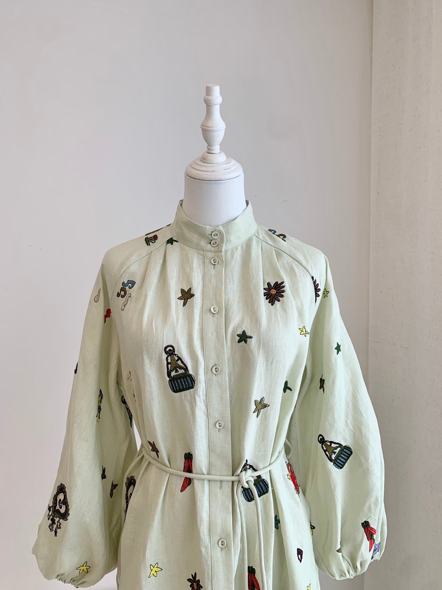 Alemais Midi Shirt Dress Light Green Embroidery Long Lantern Sleeve Front Button 2508076AL