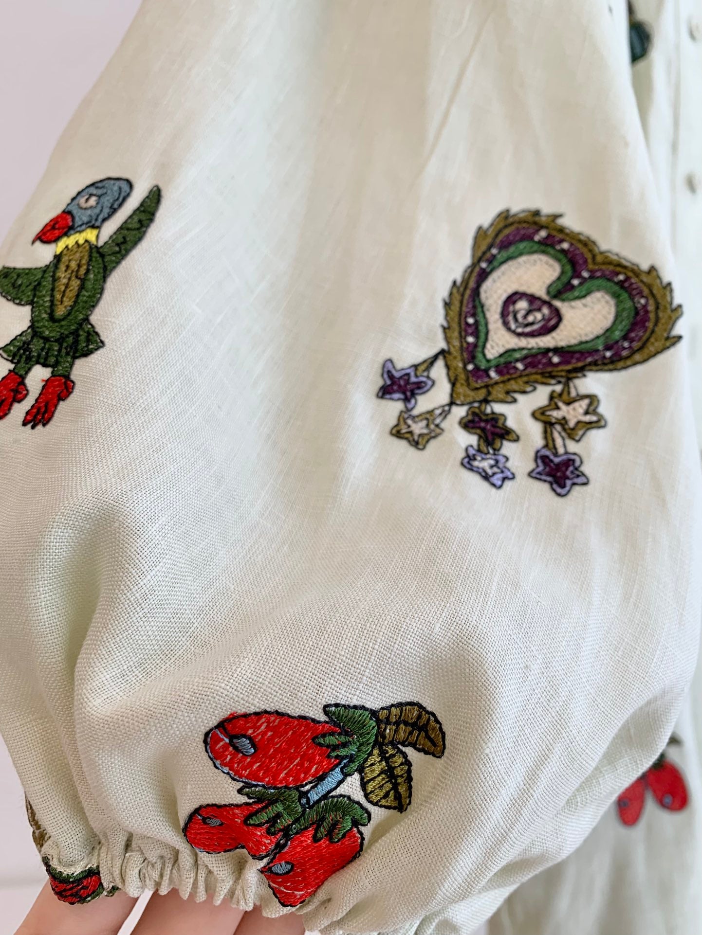Alemais Midi Shirt Dress Light Green Embroidery Long Lantern Sleeve Front Button 2508076AL