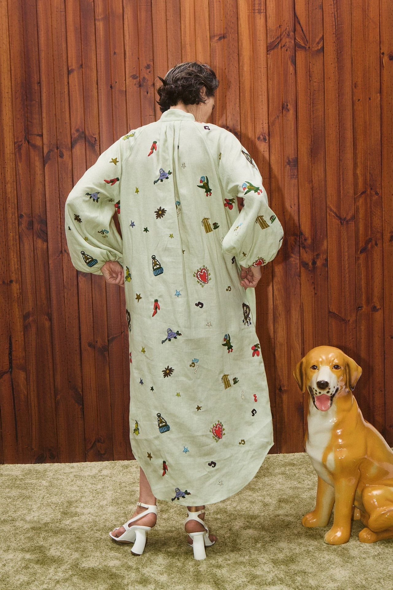 Alemais Midi Shirt Dress Light Green Embroidery Long Lantern Sleeve Front Button 2508076AL