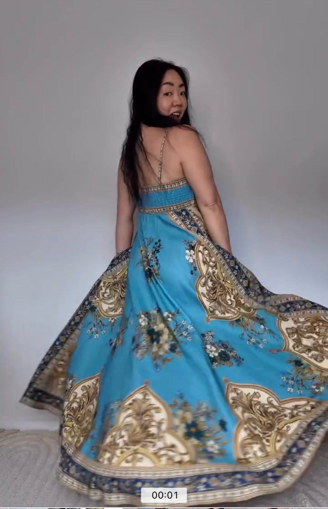 Alemais floral-print A-line midi dress Blue spaghetti straps Slash-Neck linen Elastic Back 2508103AL