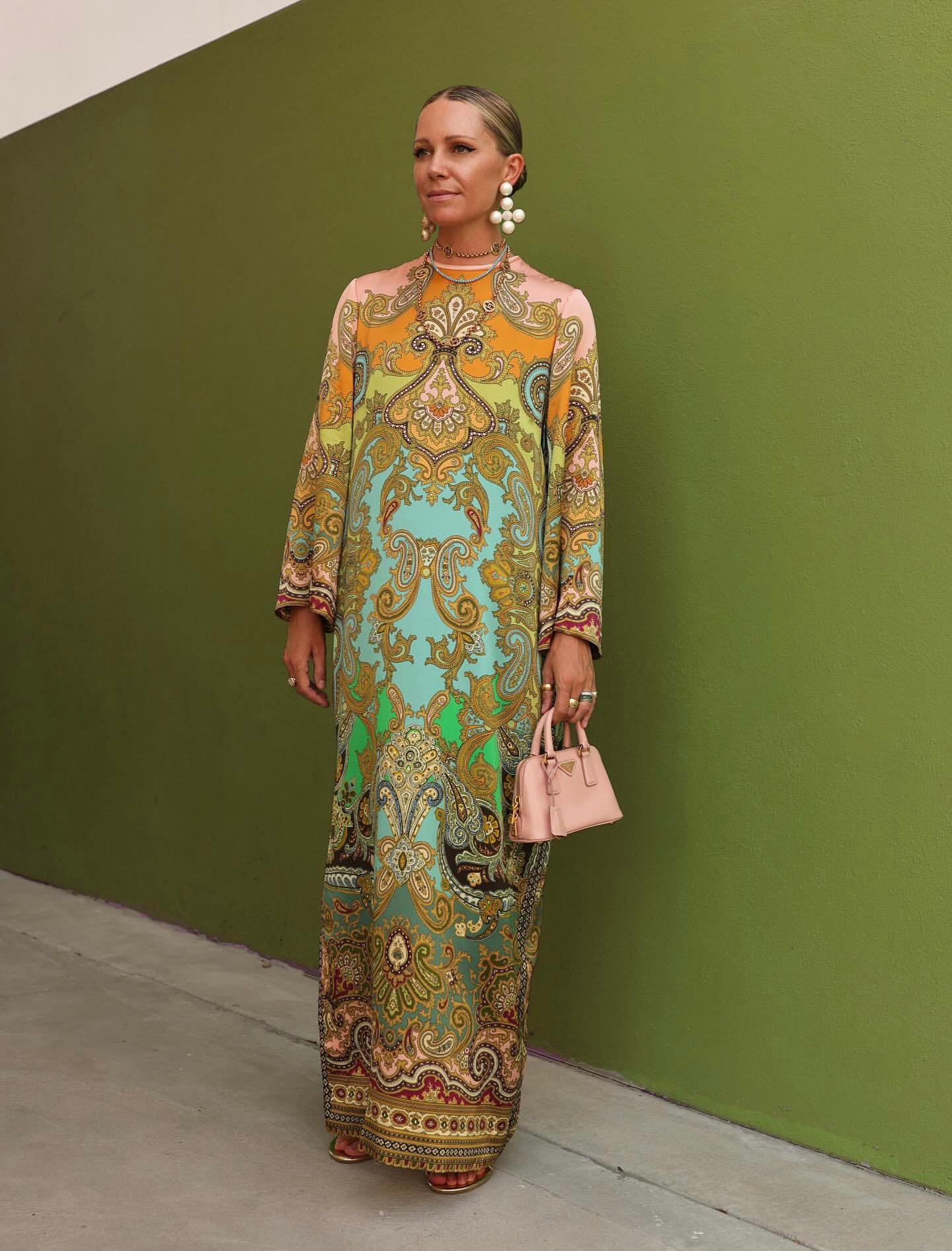 Alemais Midi Dress Multi-Color Silk Turtle Collar Loose Waist Flare Long Sleeve Waist Belt 2508100AL