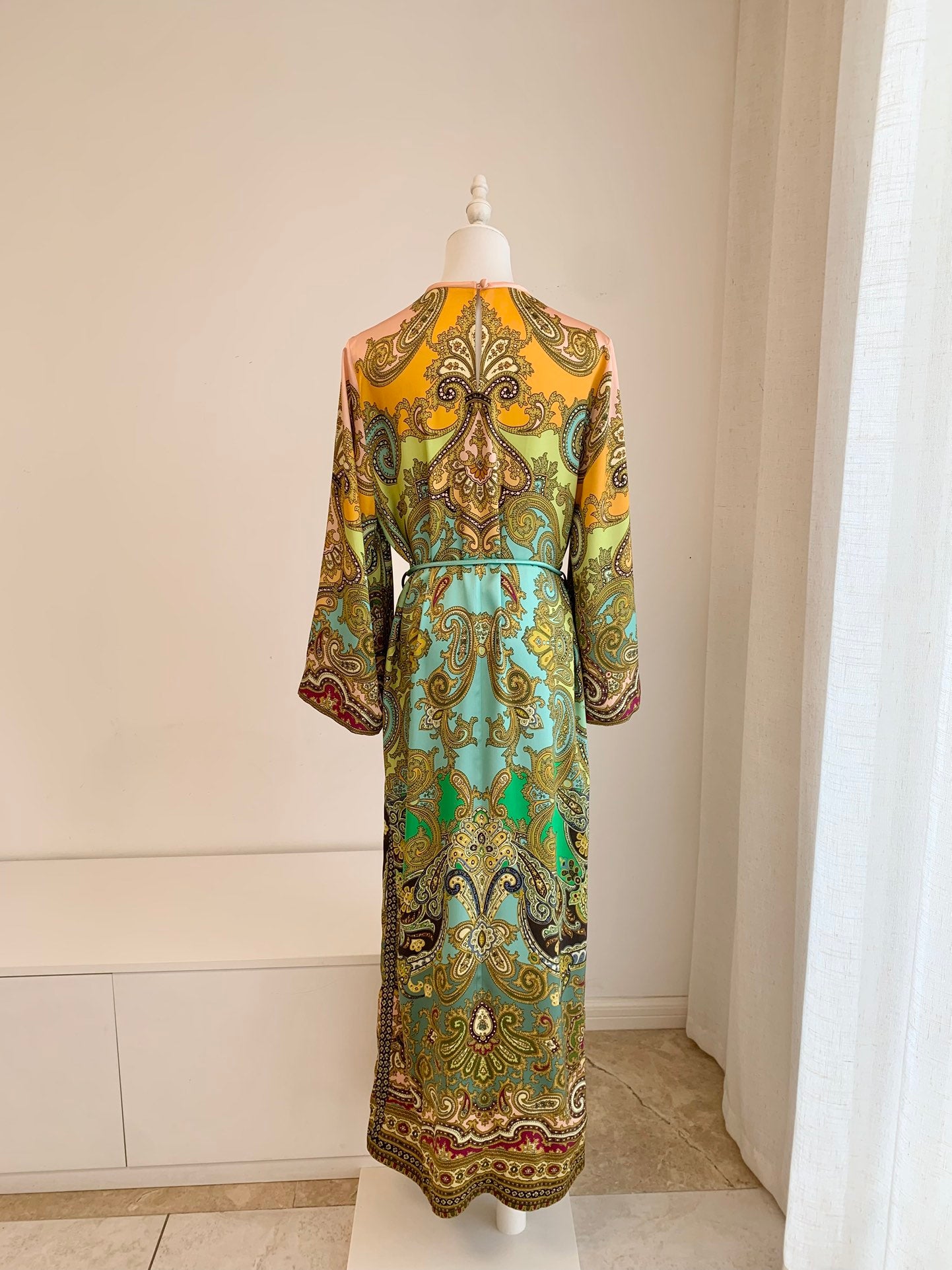 Alemais Midi Dress Multi-Color Silk Turtle Collar Loose Waist Flare Long Sleeve Waist Belt 2508100AL