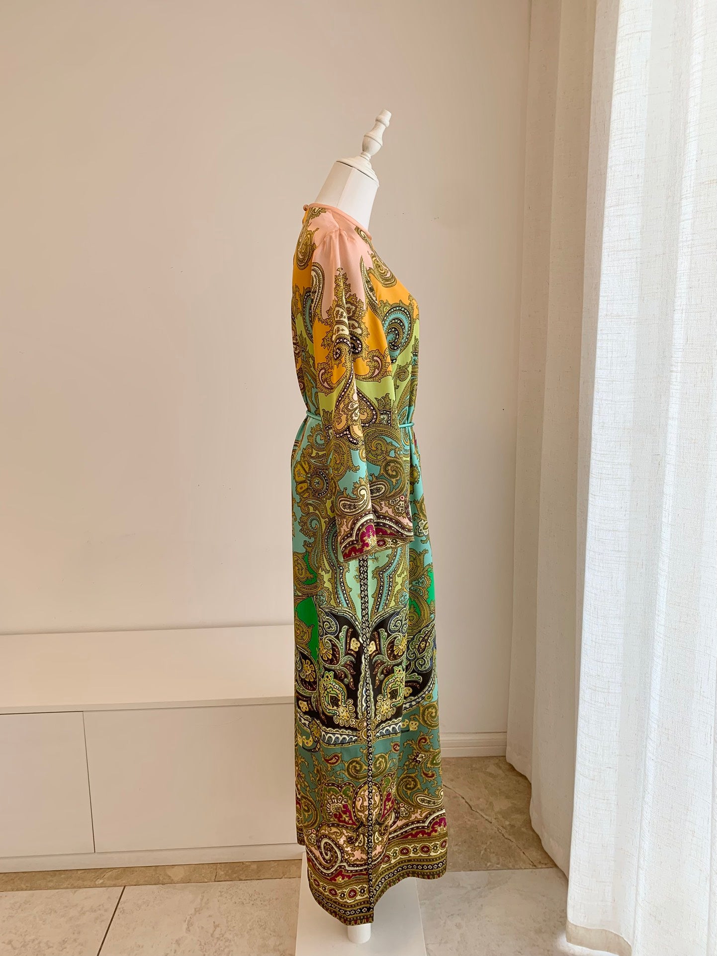 Alemais Midi Dress Multi-Color Silk Turtle Collar Loose Waist Flare Long Sleeve Waist Belt 2508100AL