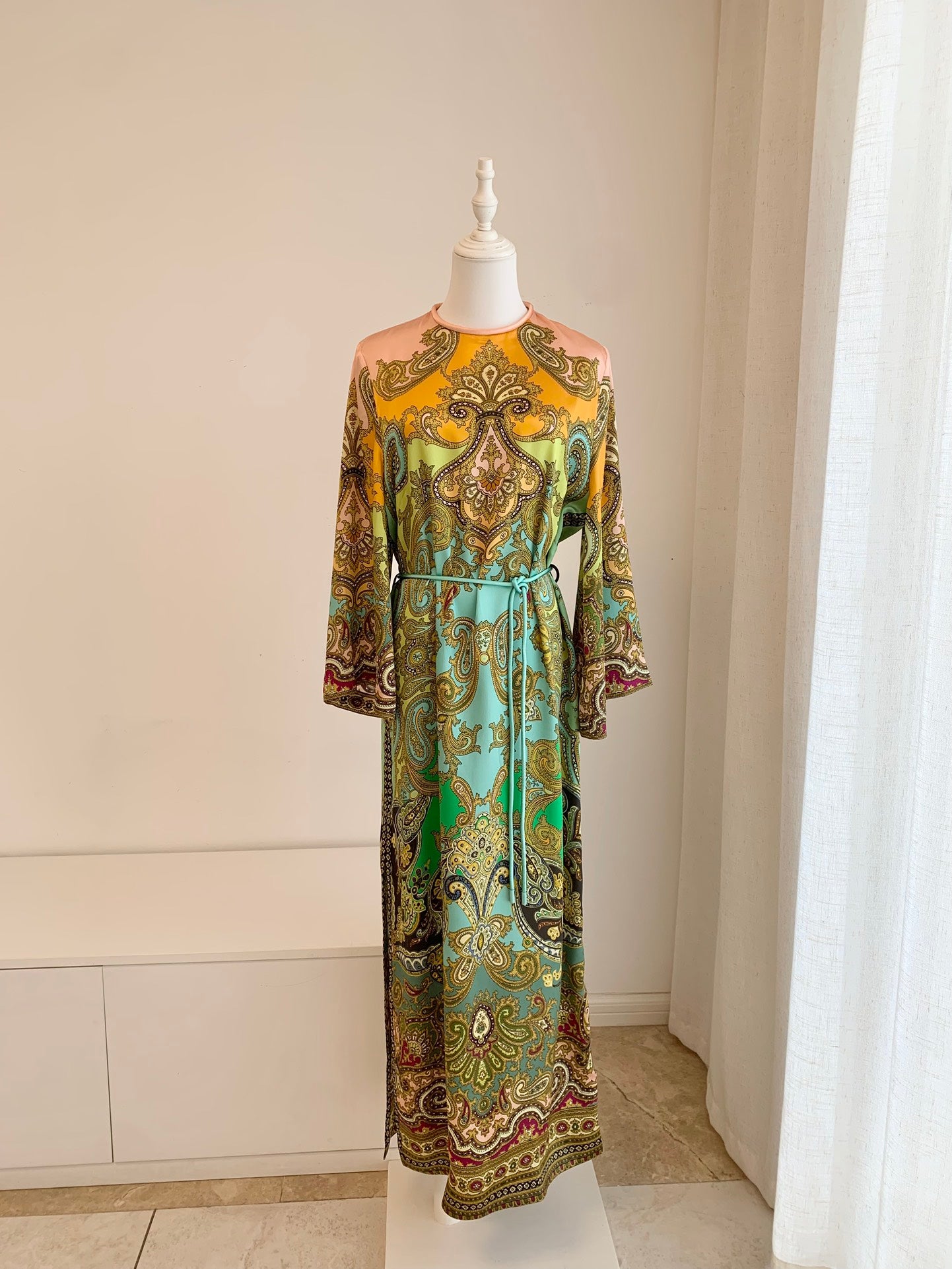Alemais Midi Dress Multi-Color Silk Turtle Collar Loose Waist Flare Long Sleeve Waist Belt 2508100AL