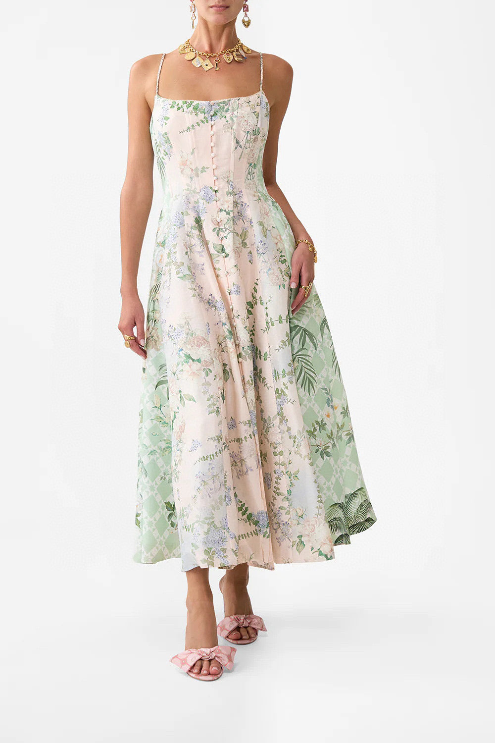 Camilla Midi Dress Spaghetti Sleeveless linen blended light pink boning back-zip high-waist 2506045Cami