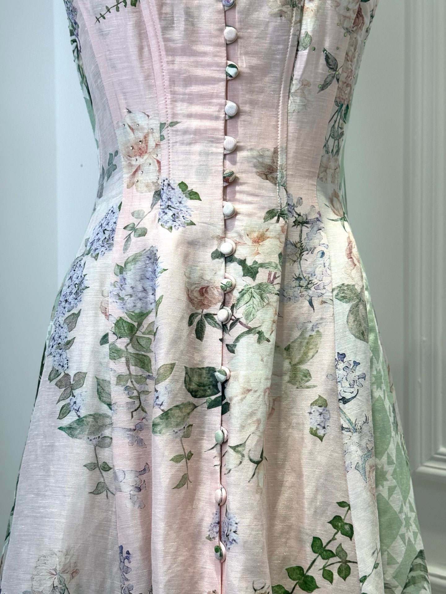 Camilla Midi Dress Spaghetti Sleeveless linen blended light pink boning back-zip high-waist 2506045Cami