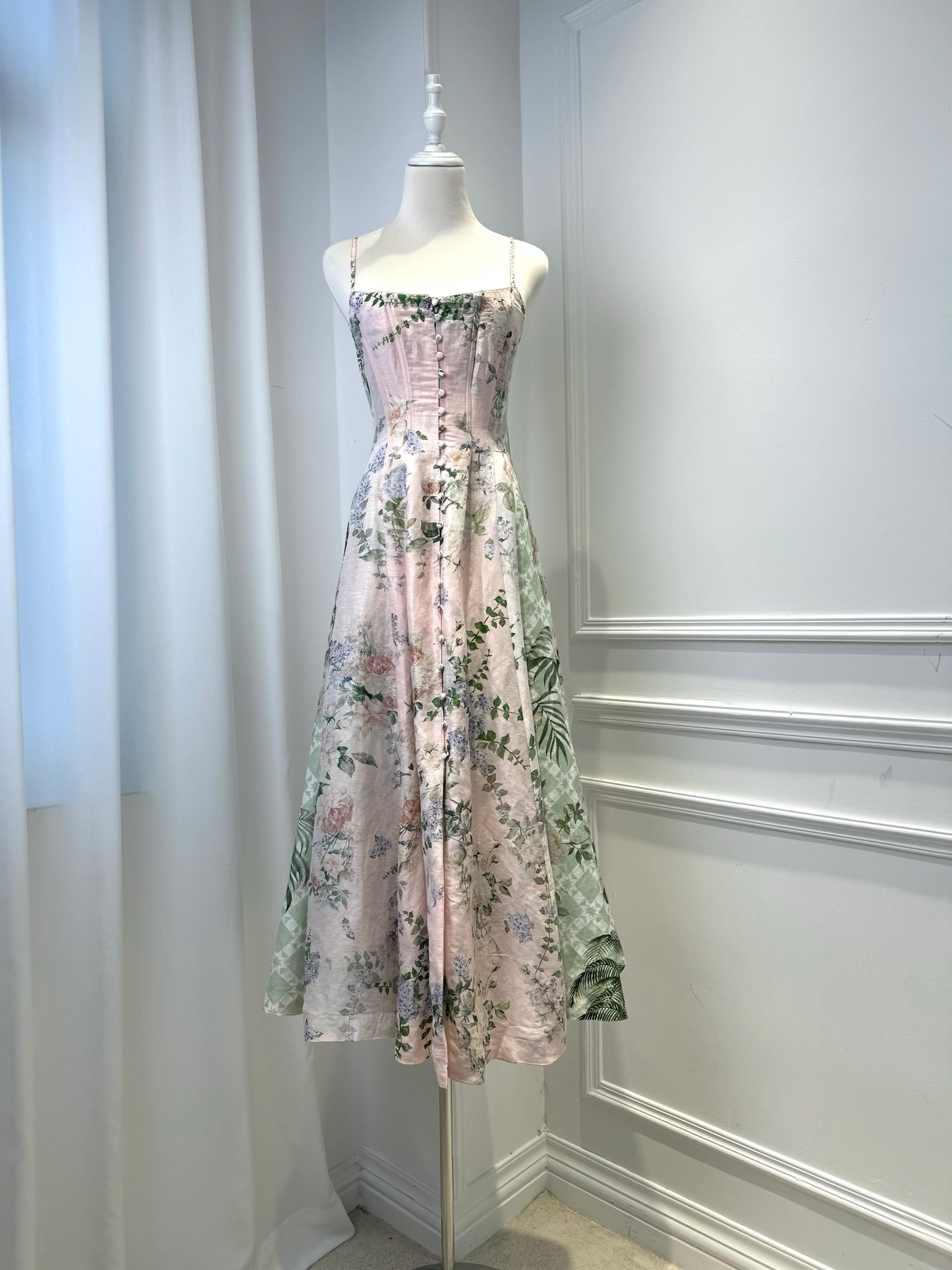 Camilla Midi Dress Spaghetti Sleeveless linen blended light pink boning back-zip high-waist 2506045Cami