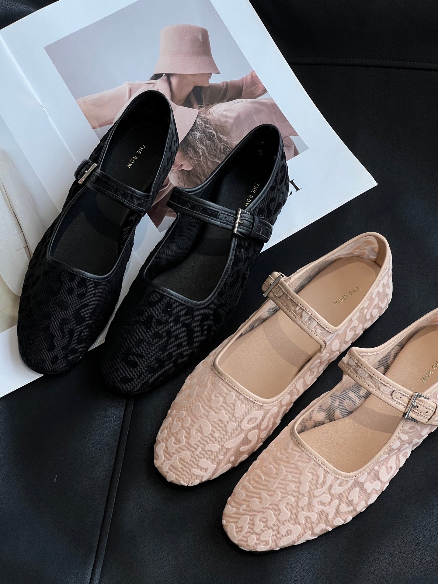 The Row Leopard Print breathable Mesh Mary Jane Flats Leather Insole Rubber Sole black beige 2505045TR