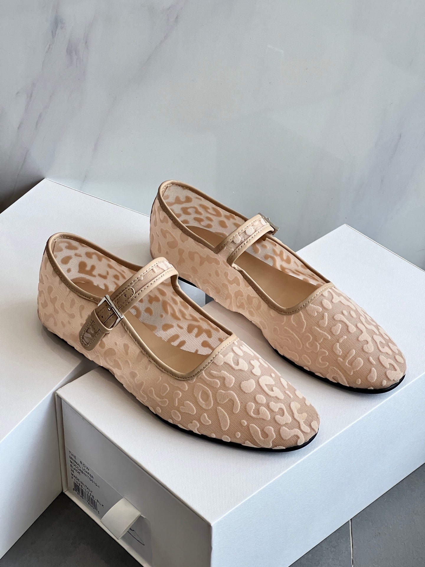 The Row Leopard Print breathable Mesh Mary Jane Flats Leather Insole Rubber Sole black beige 2505045TR