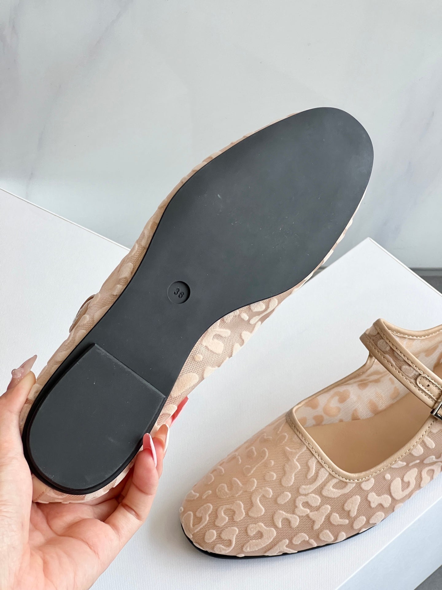 The Row Leopard Print breathable Mesh Mary Jane Flats Leather Insole Rubber Sole black beige 2505045TR