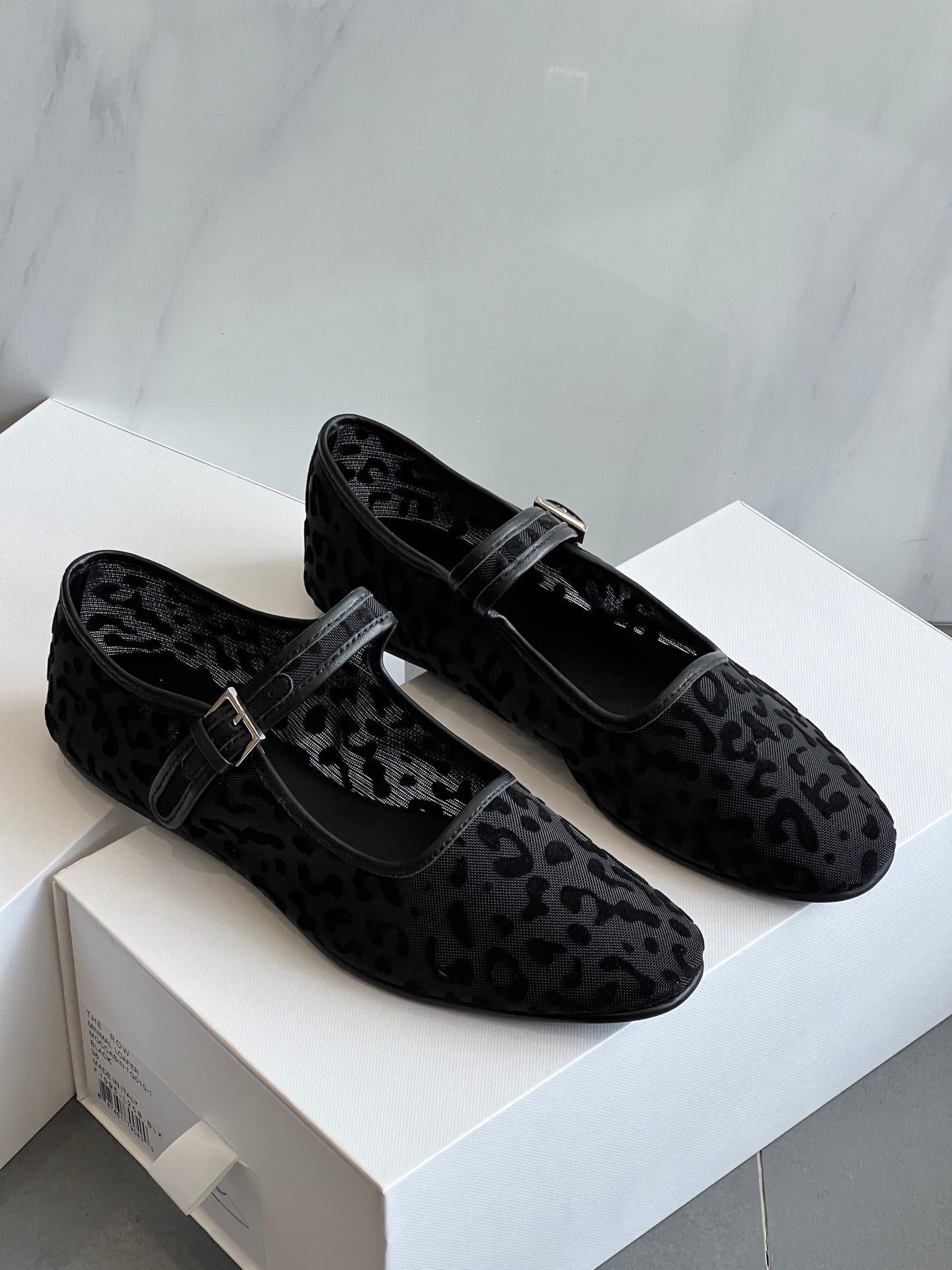 The Row Leopard Print breathable Mesh Mary Jane Flats Leather Insole Rubber Sole black beige 2505045TR