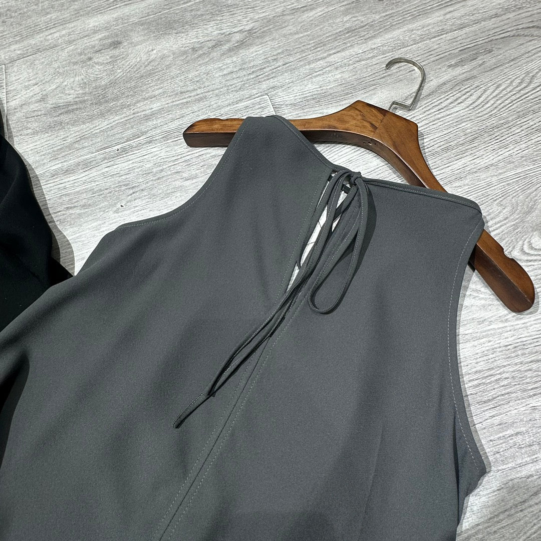Toteme Kyro crepe maxi dress black gray T-bar strap plunging V-neck rear teardrop sleeveless 2505091TT