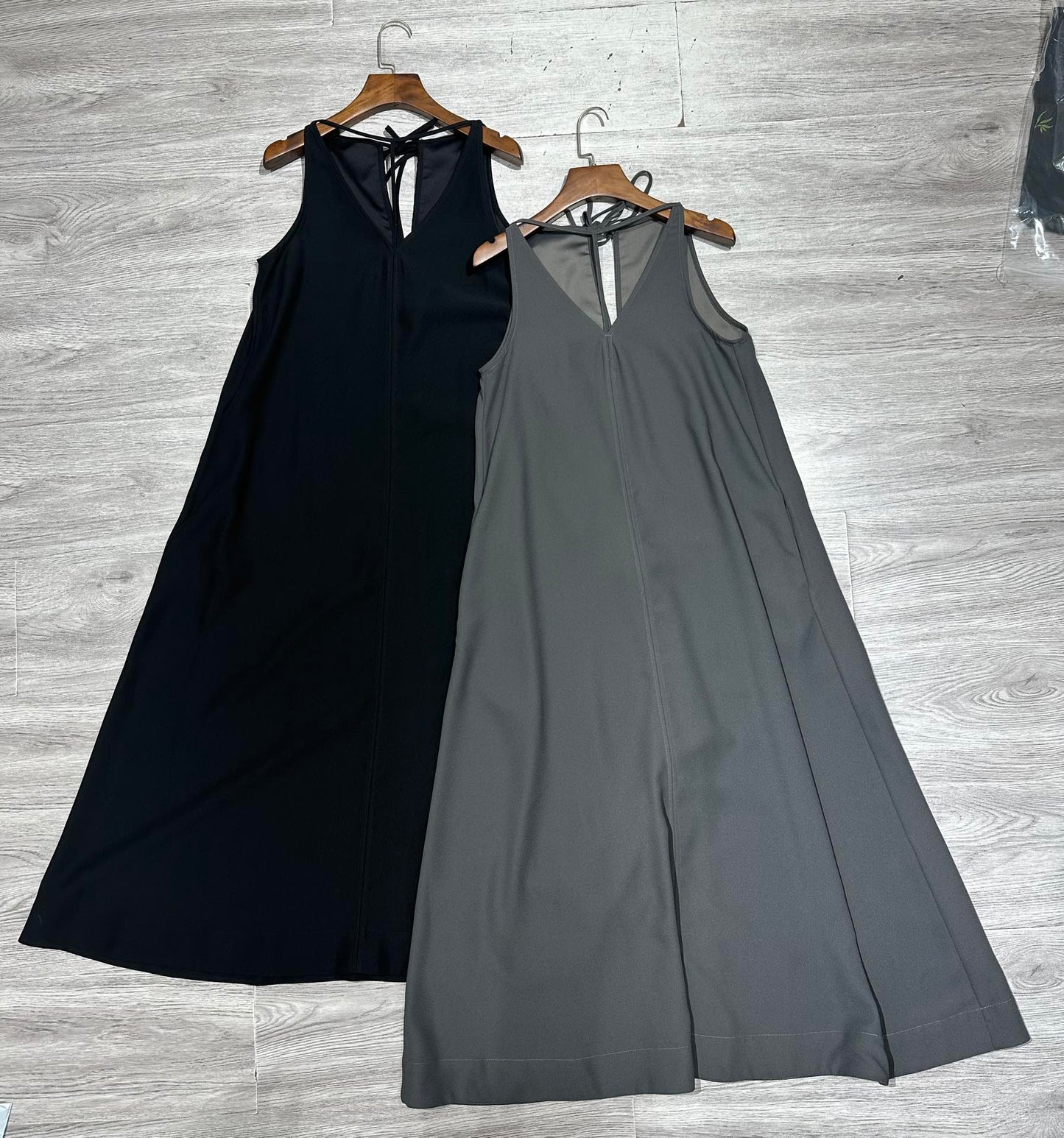 Toteme Kyro crepe maxi dress black gray T-bar strap plunging V-neck rear teardrop sleeveless 2505091TT