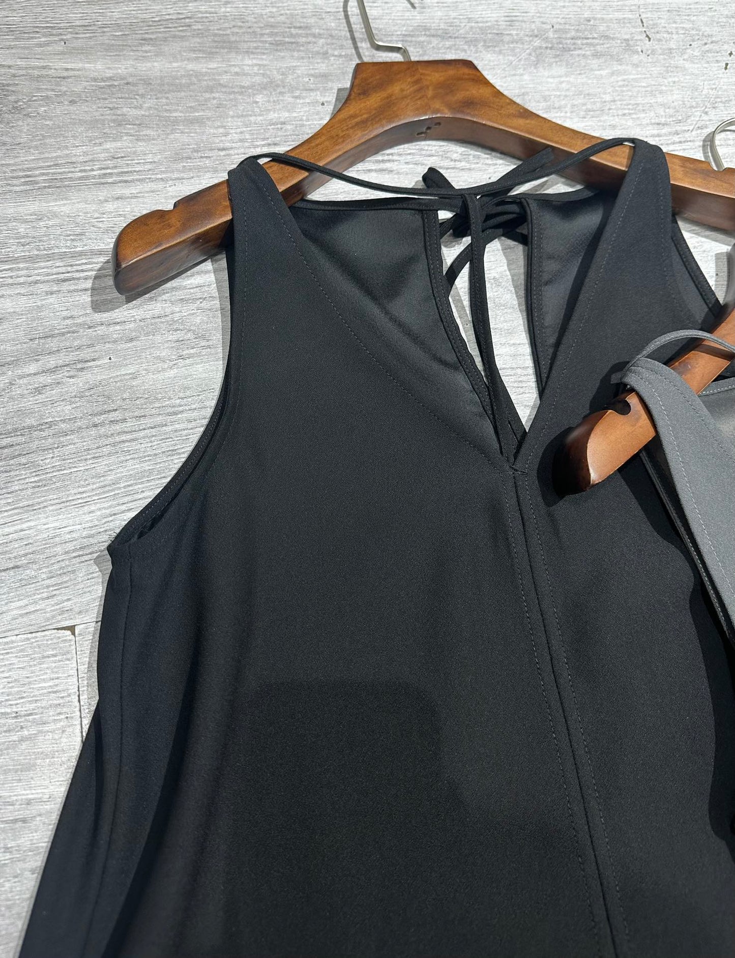 Toteme Kyro crepe maxi dress black gray T-bar strap plunging V-neck rear teardrop sleeveless 2505091TT