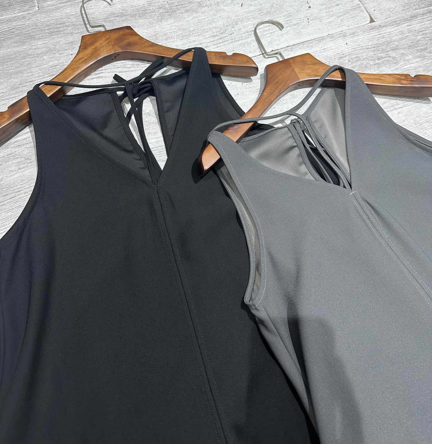 Toteme Kyro crepe maxi dress black gray T-bar strap plunging V-neck rear teardrop sleeveless 2505091TT