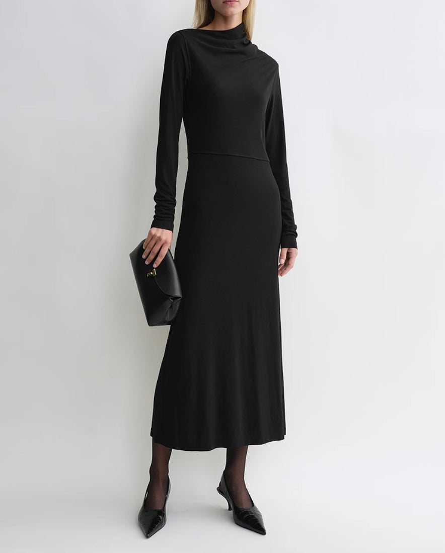 2412003TT Toteme Black Maxi Dress Viscose Long Sleeve Slim Elastic Long Length Slanted Neckline