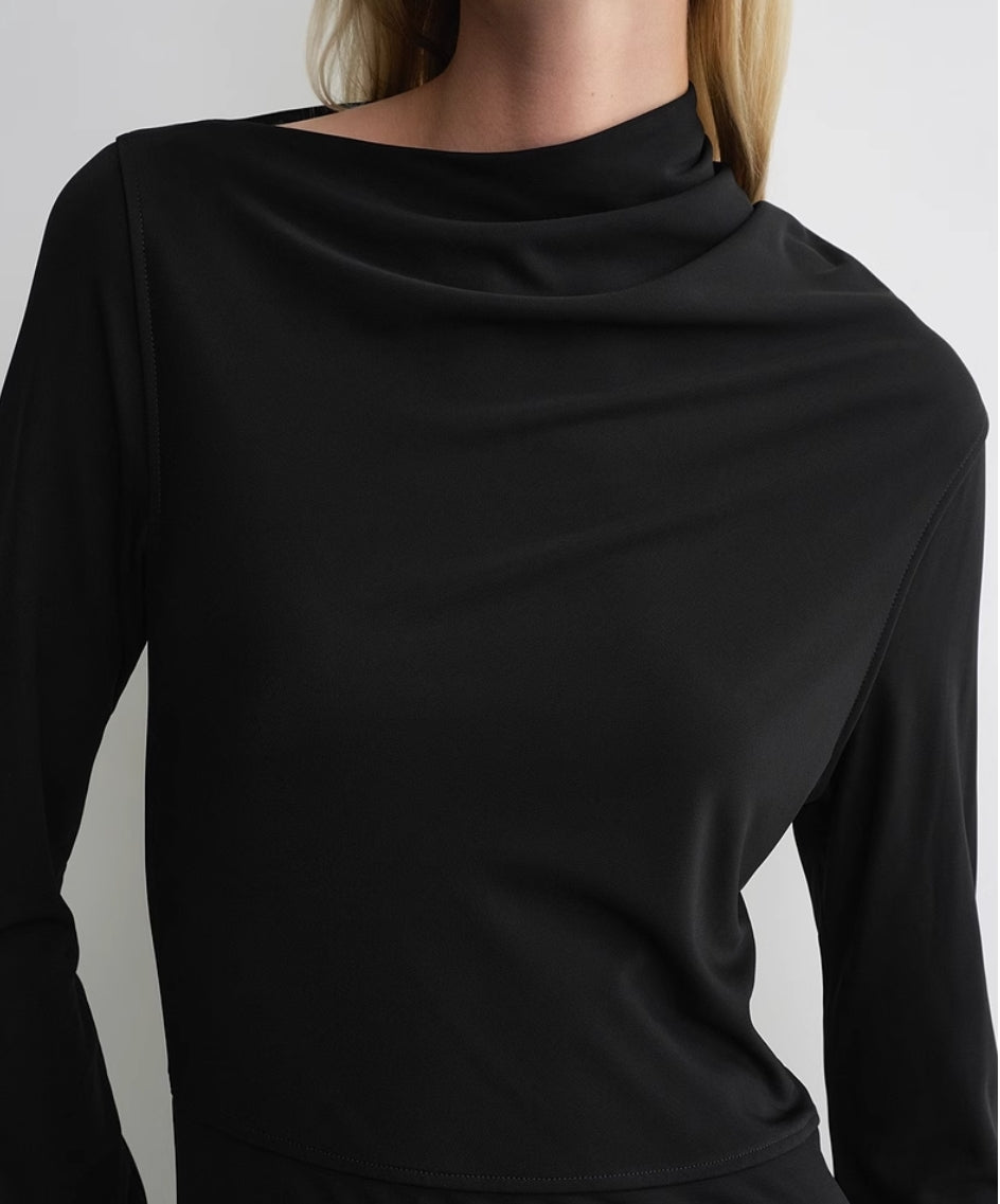 2412003TT Toteme Black Maxi Dress Viscose Long Sleeve Slim Elastic Long Length Slanted Neckline