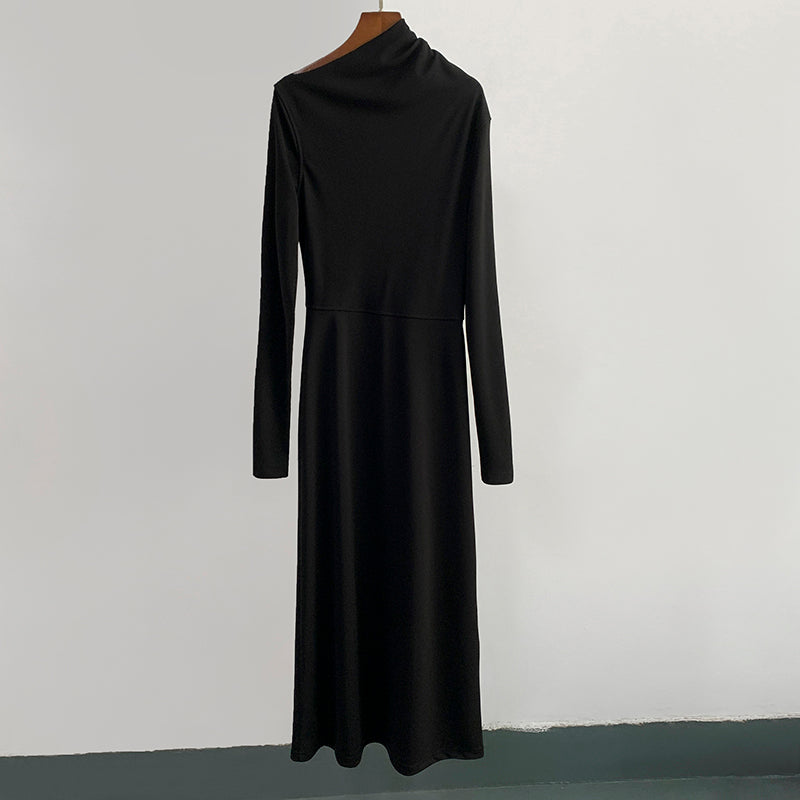 2412003TT Toteme Black Maxi Dress Viscose Long Sleeve Slim Elastic Long Length Slanted Neckline