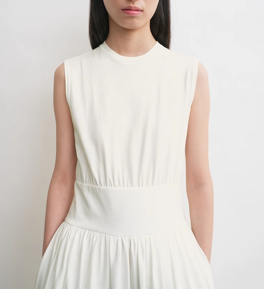 Toteme sleeveless cotton maxi dress white crew neck slit pockets ruched detailing high waist 2503086TT