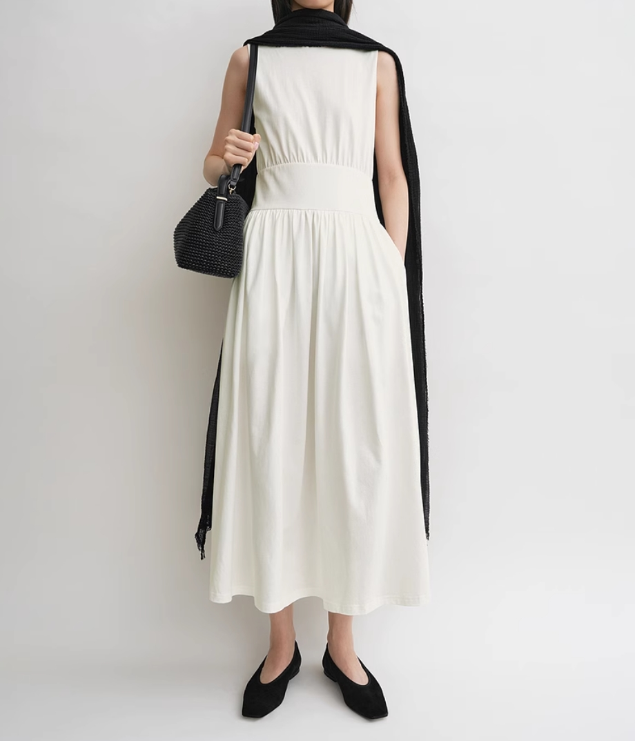 Toteme sleeveless cotton maxi dress white crew neck slit pockets ruched detailing high waist 2503086TT